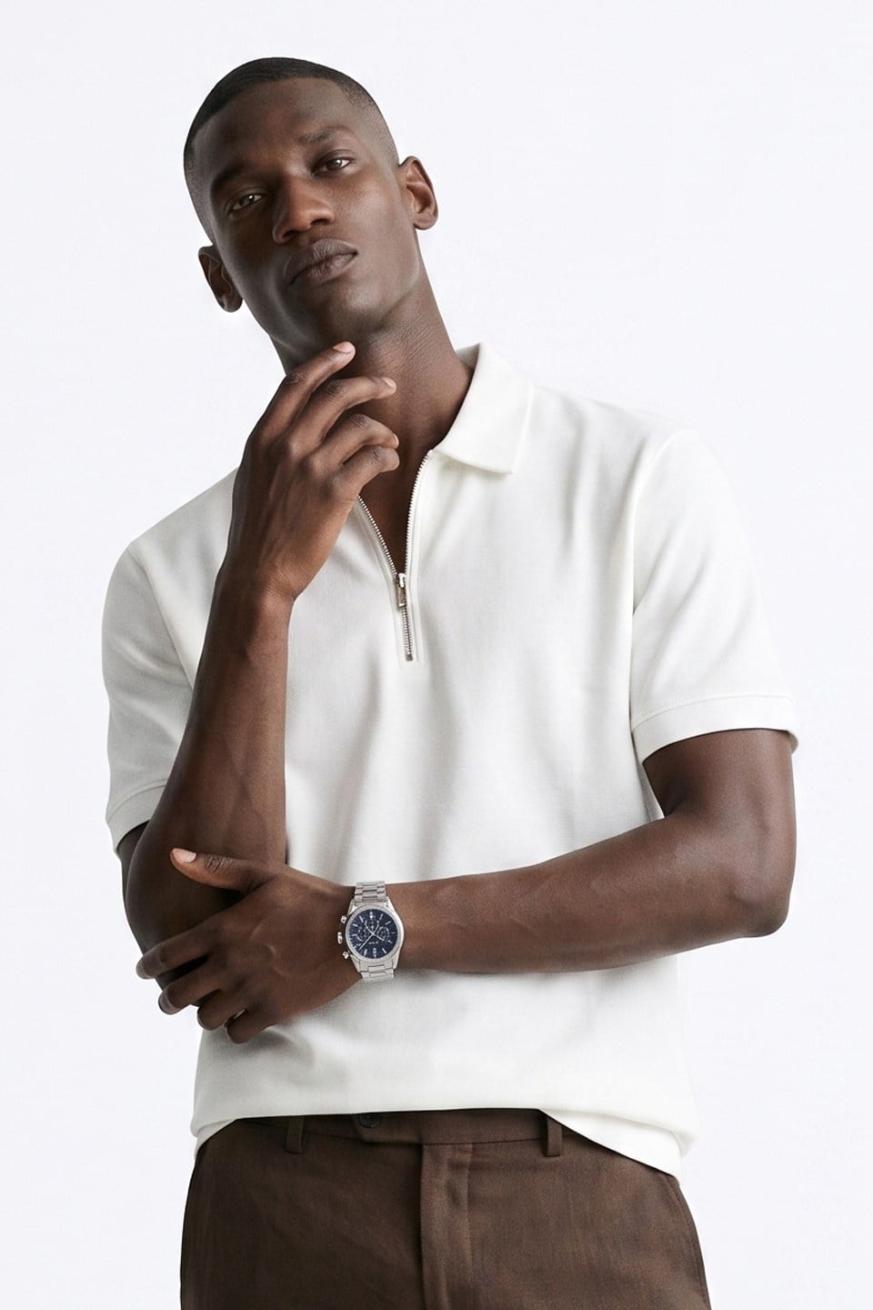 Erkek Fermuar Yaka Pike Polo T-Shirt - Ekru