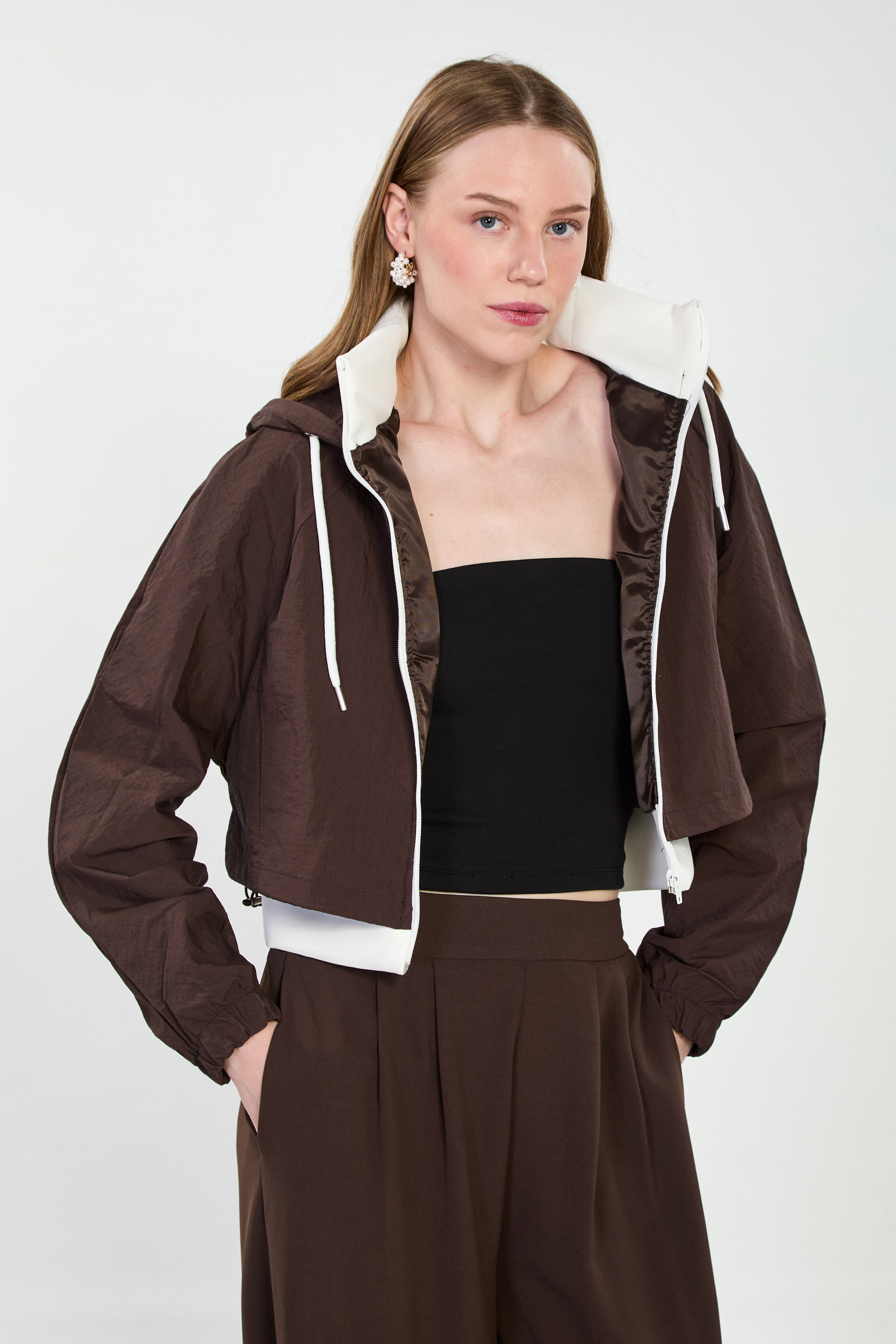 Kadın Kapüşonlu Garnili Fermuarlı Mont - Acı Kahve