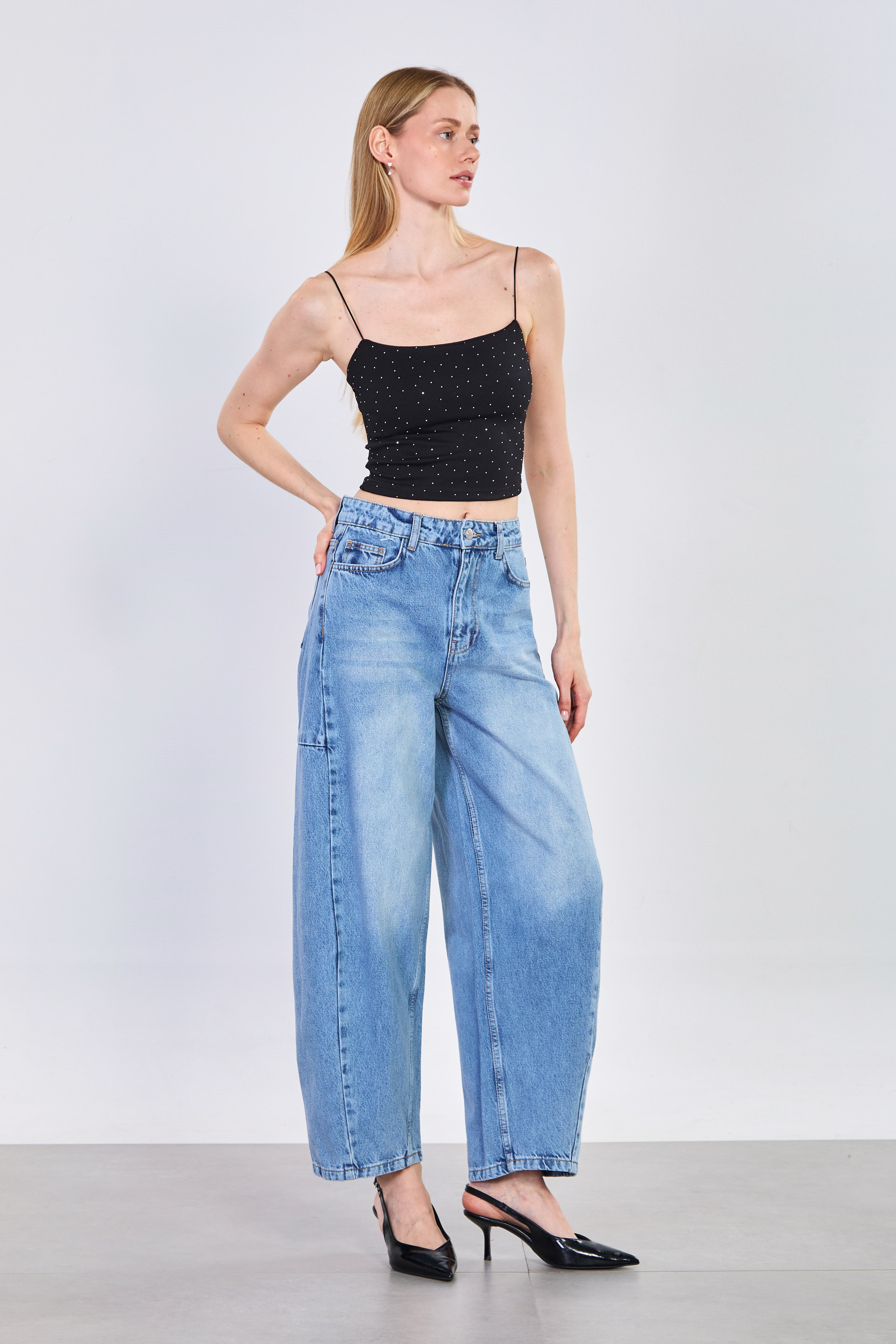 Kadın Parçalı Balon Jean Pantolon - Mavi Buz Y.