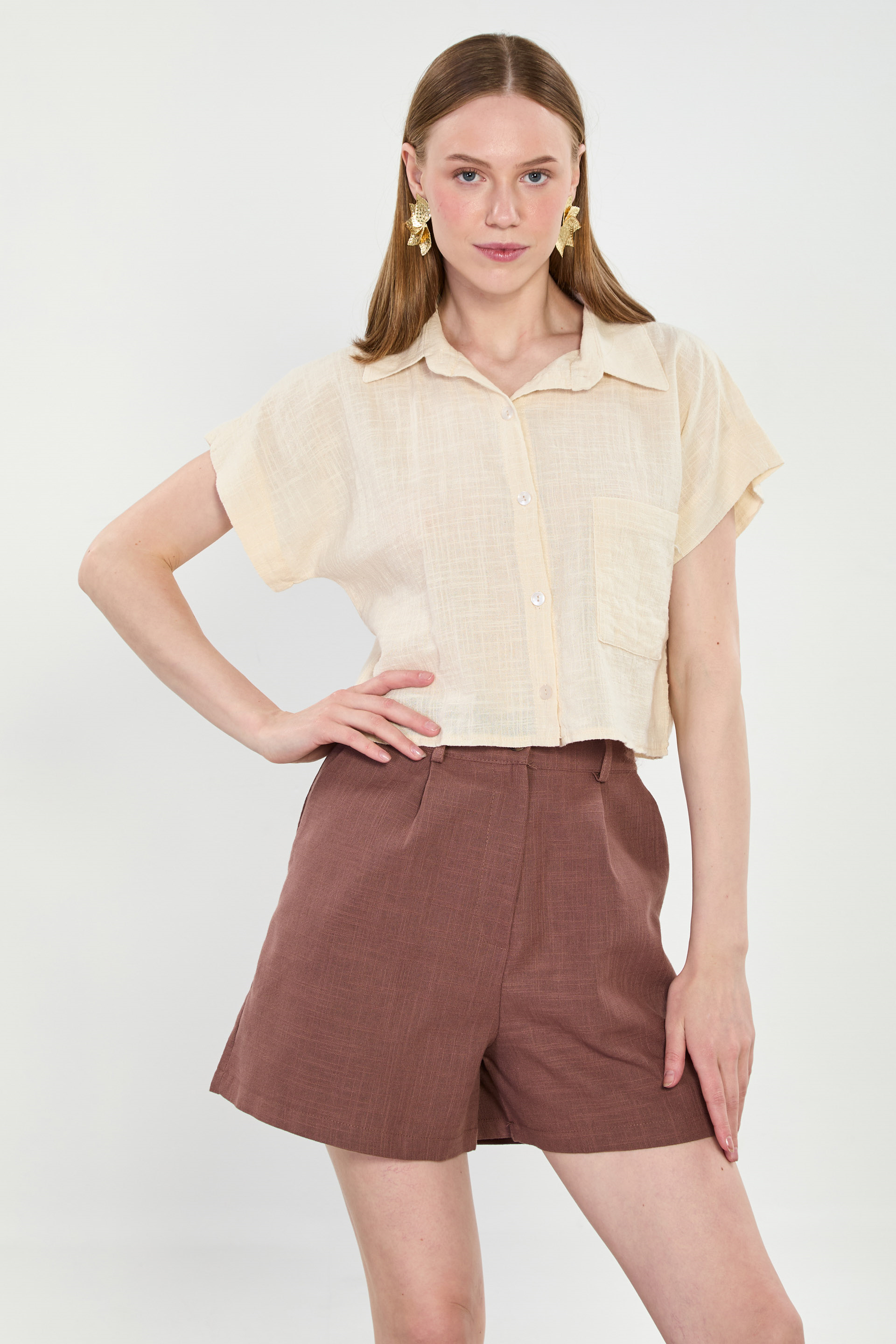 Kadın Tek Cep Kısa Kollu Gömlek - Natural