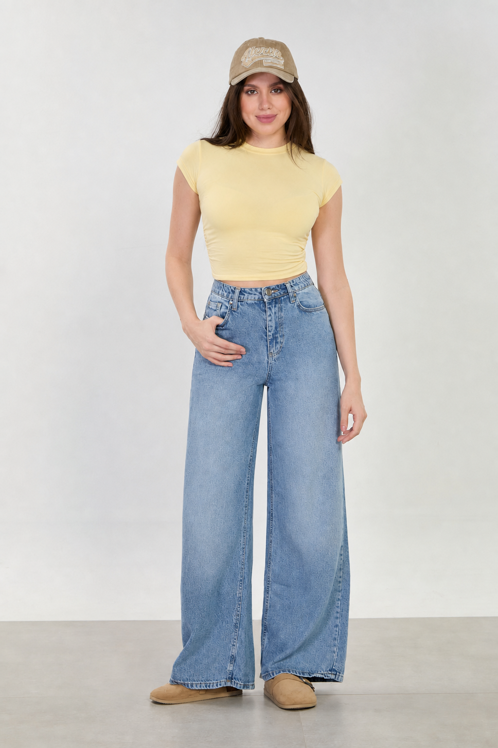 Kadın Beli Lastikli Bol Jean Pantolon - Orta Mavi Kar Y.