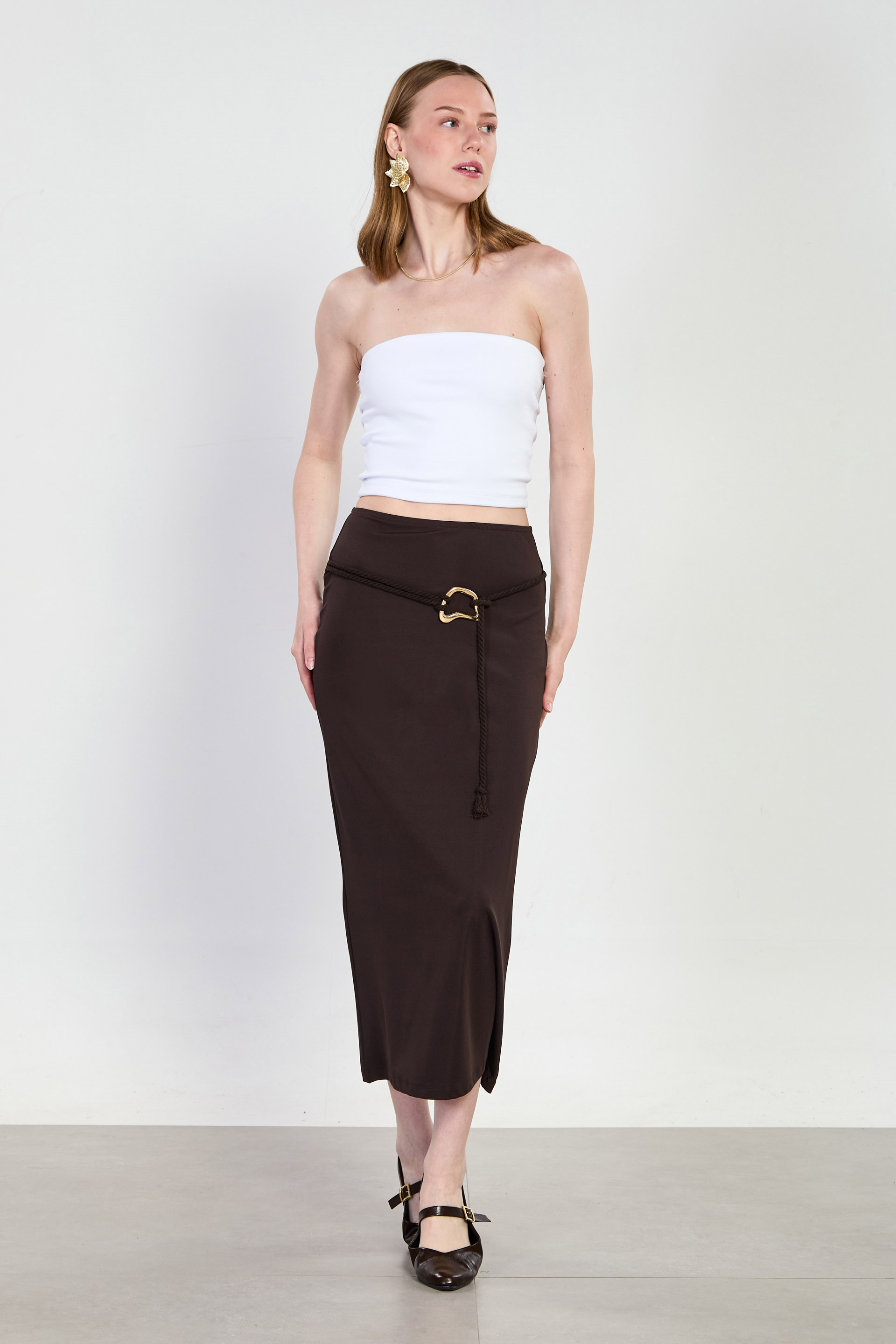 Kadın Kemerli Tokalı Midi Etek - Acı Kahve