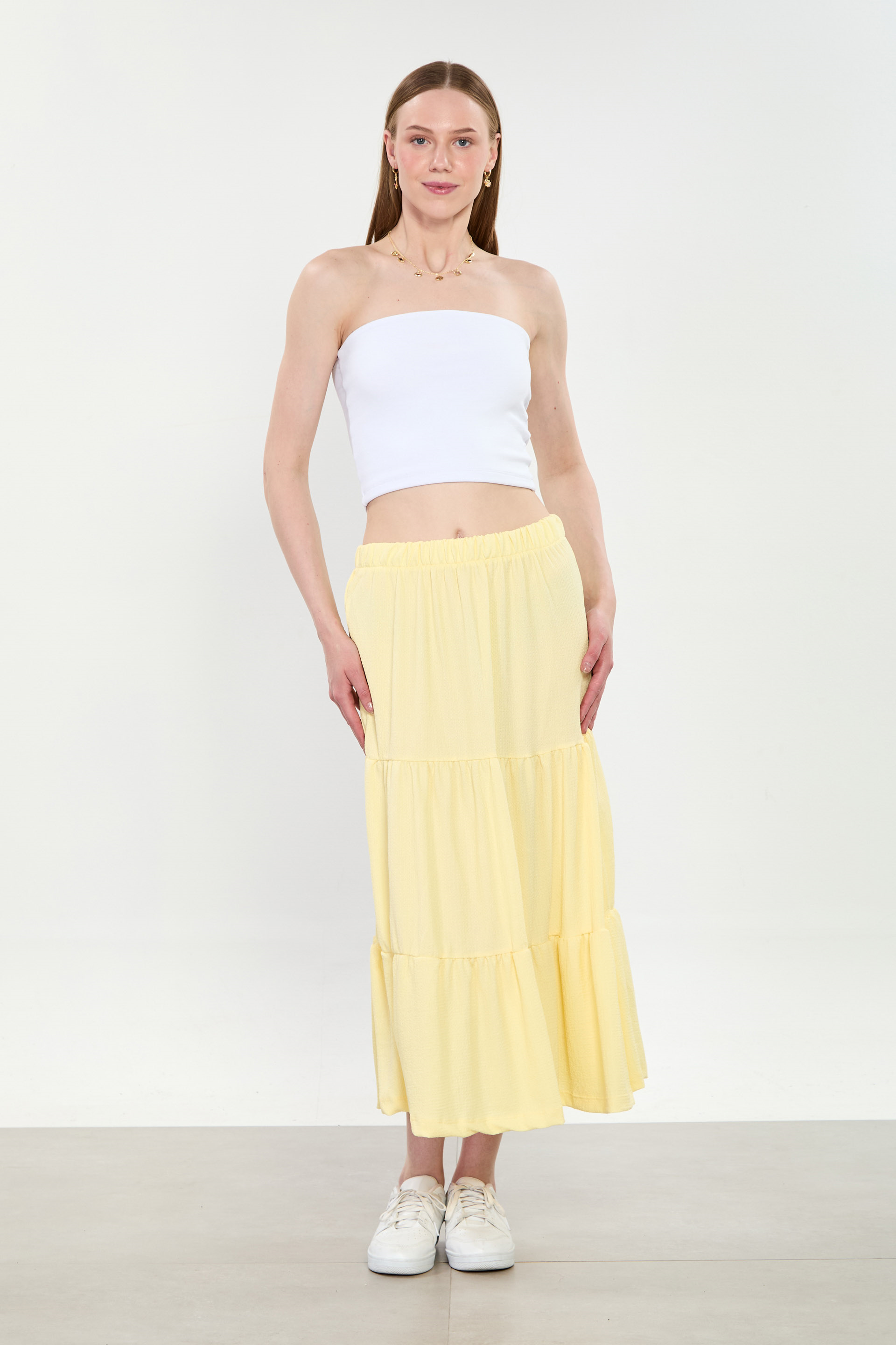 Kadın Parçalı Midi Etek - Sarı