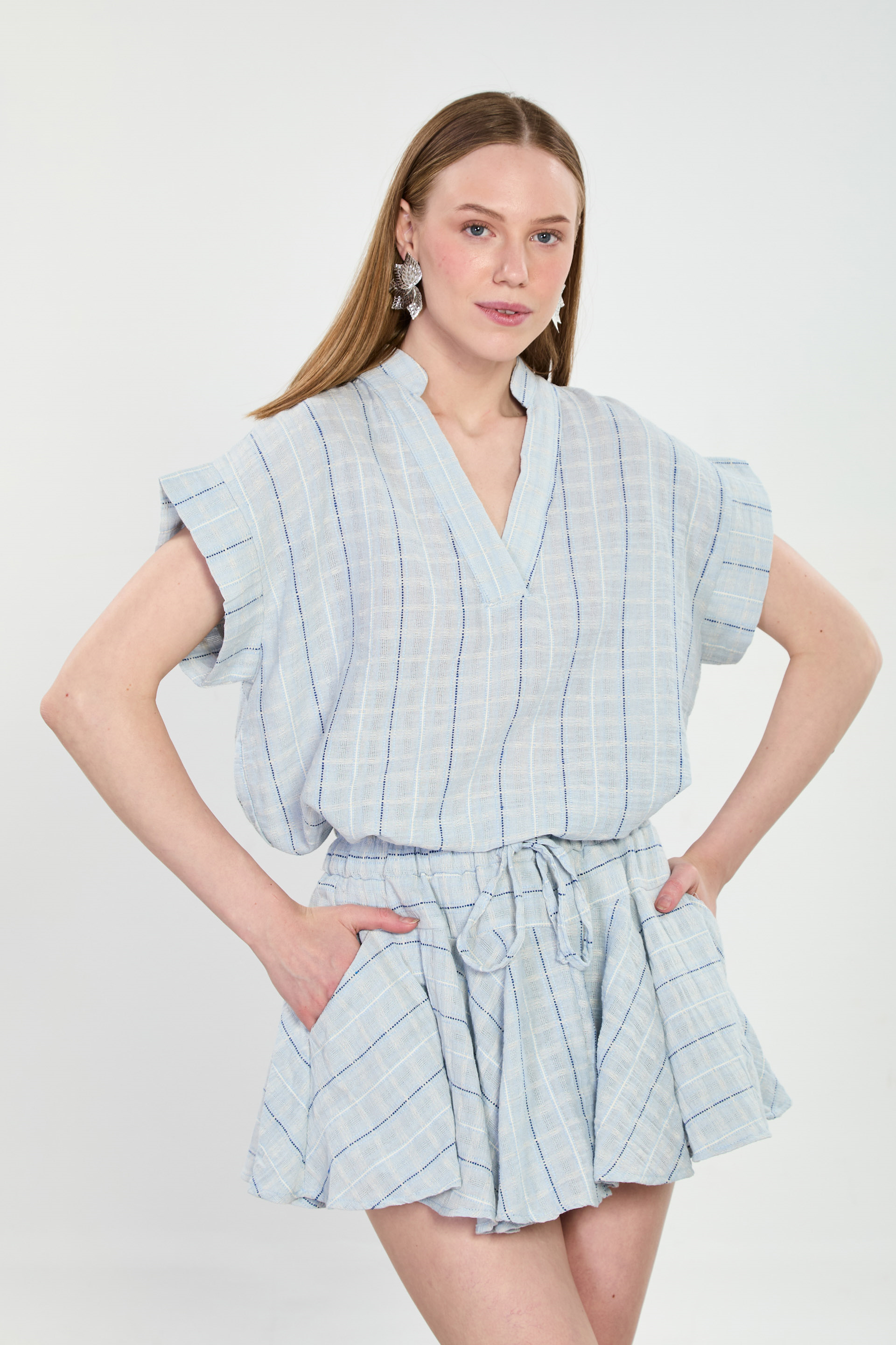 Çizgili Şort Etek - Mavi