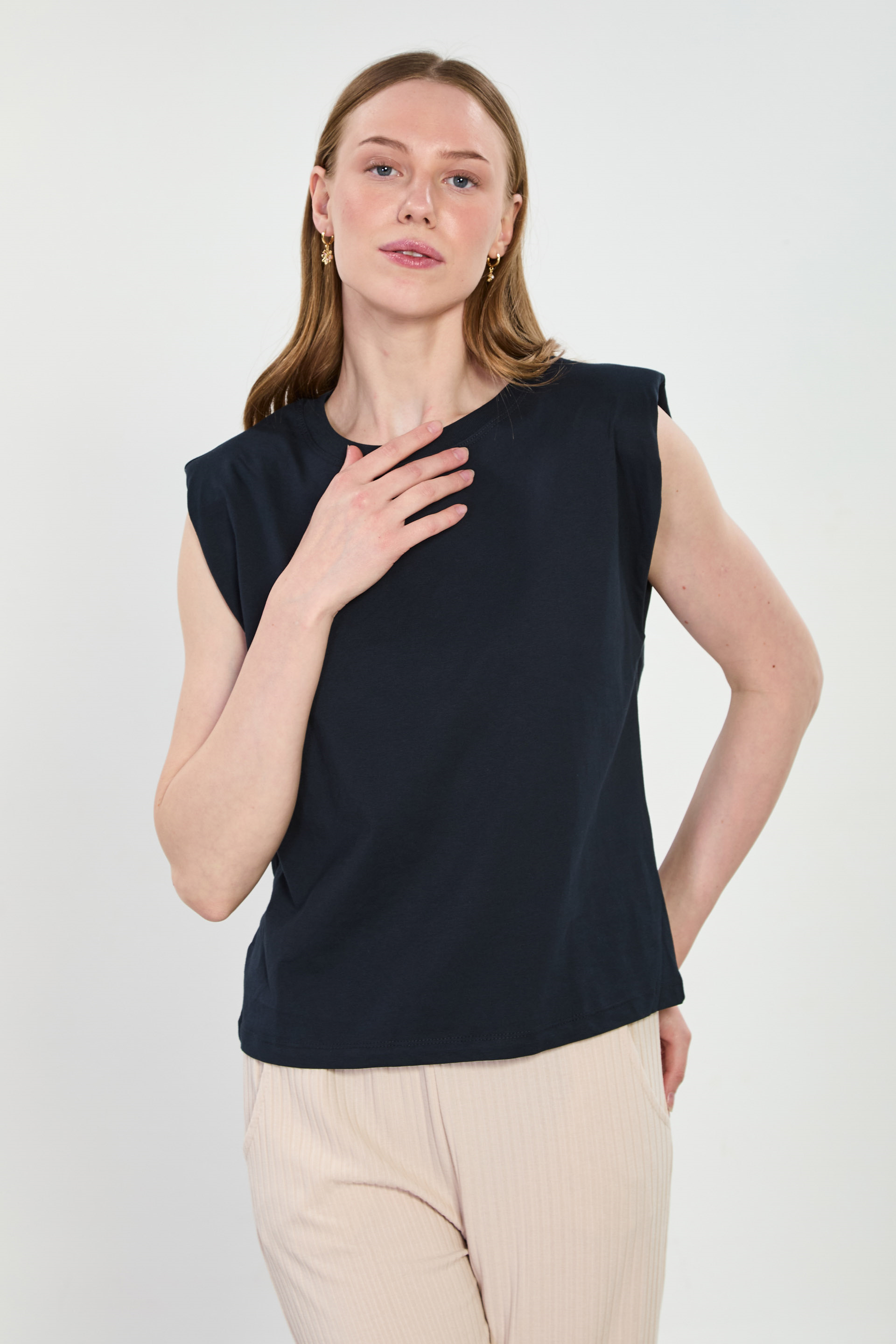 Vatkalı kolsuz t-shirt-6219 Lacivert