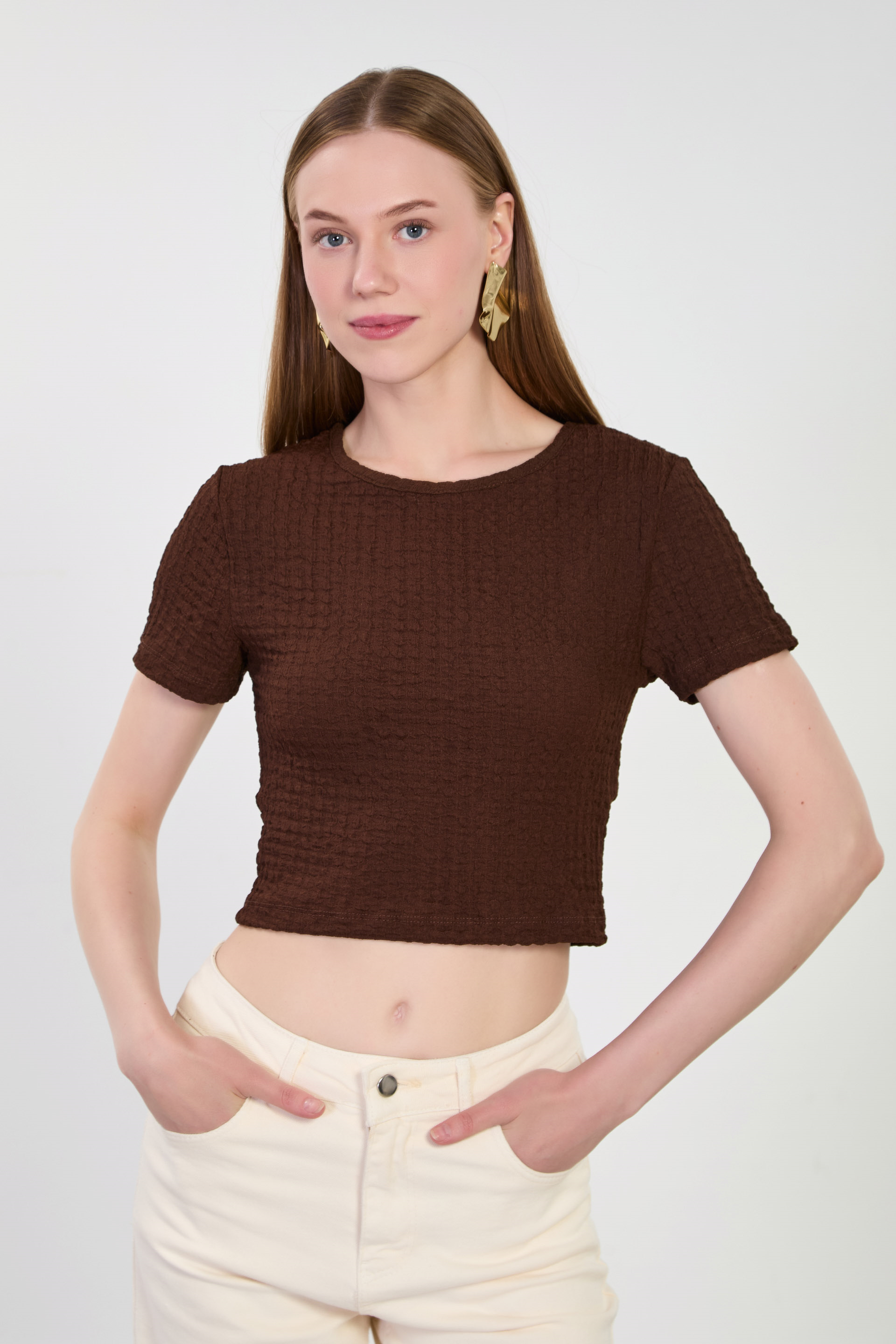 Kadın Kısa Kollu Bubble T-Shirt - Kahve