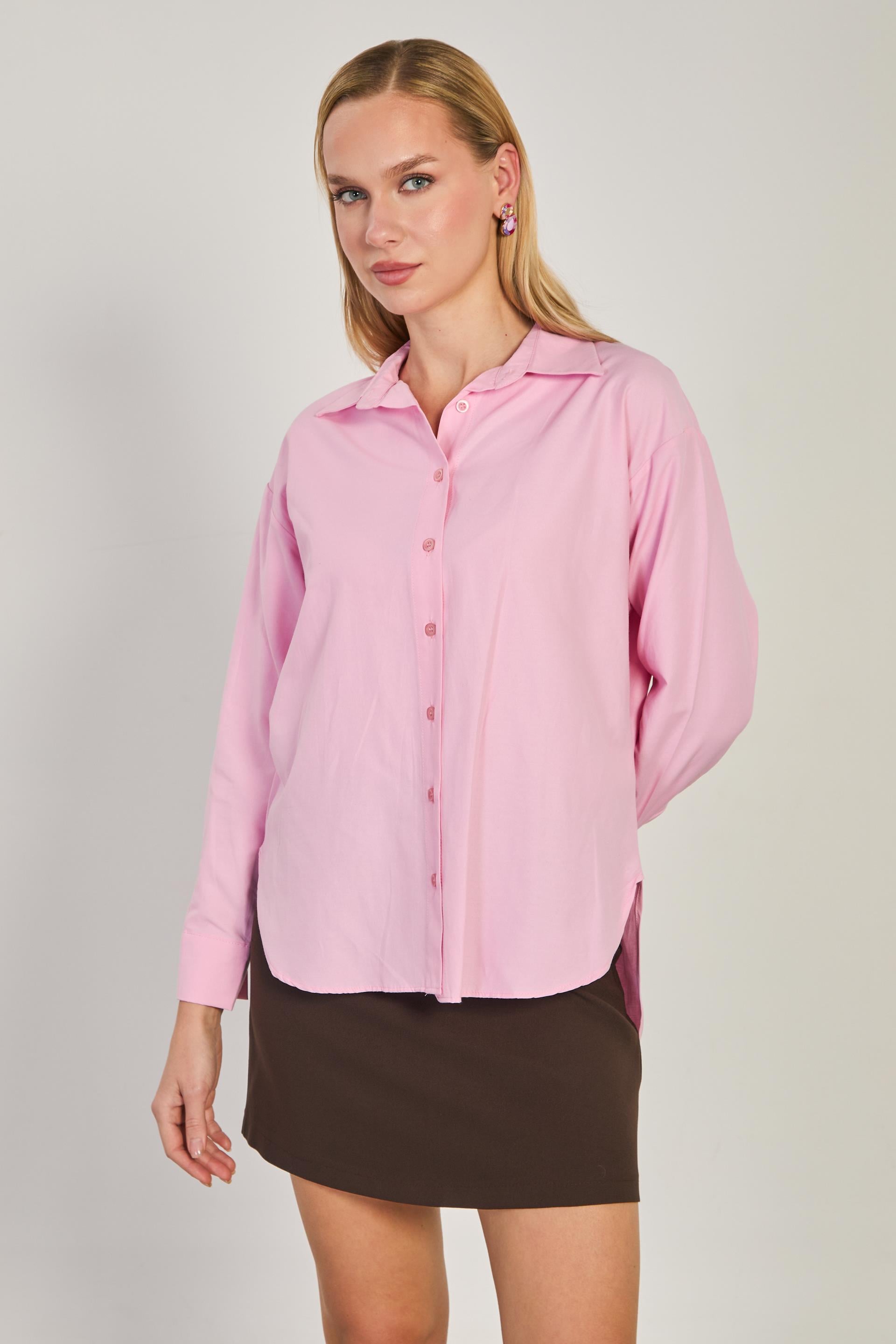 Kadın Uzun Kol Oversize Gömlek - Pembe