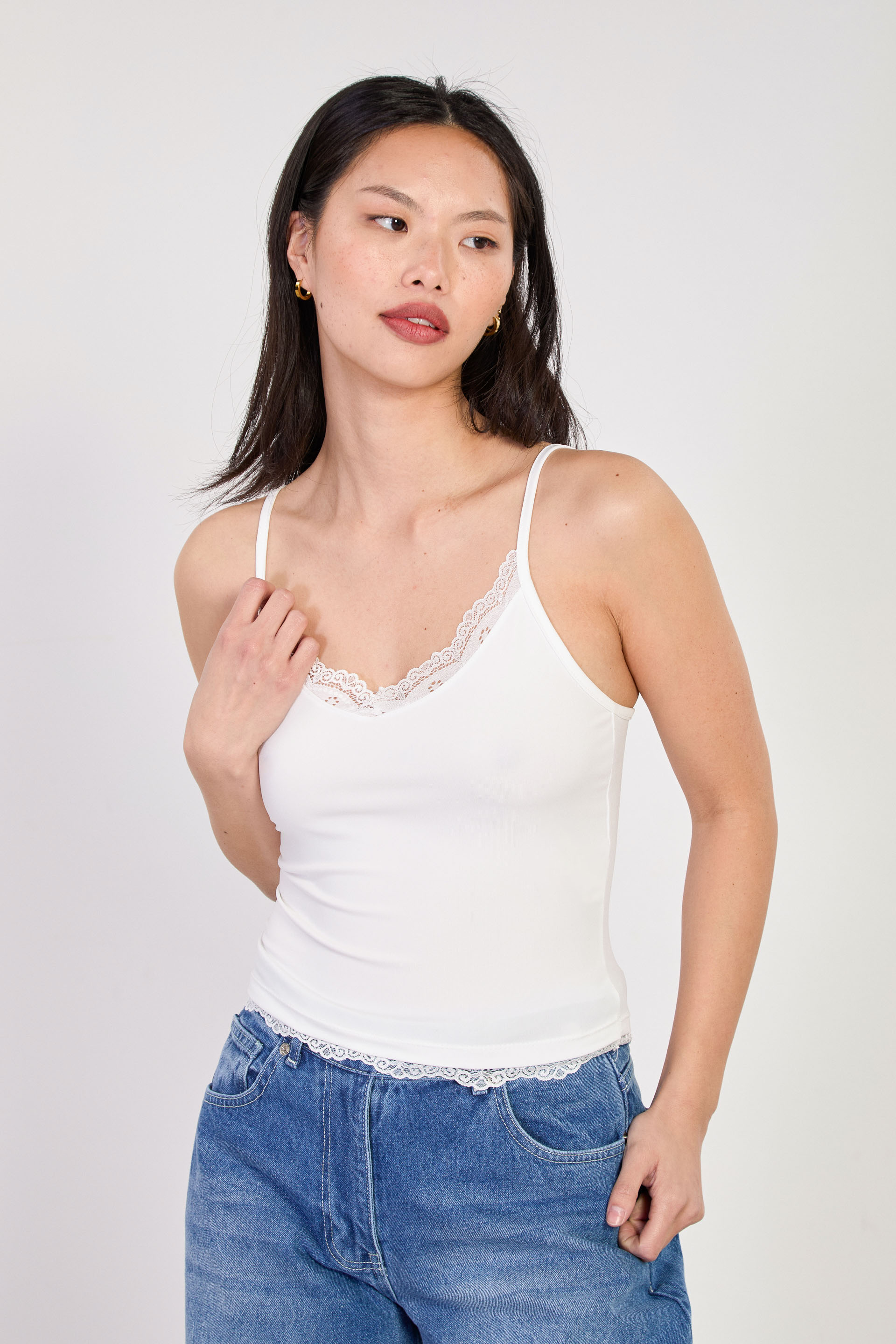 Kadın İp Askılı Dantel Detaylı Atlet - Ekru