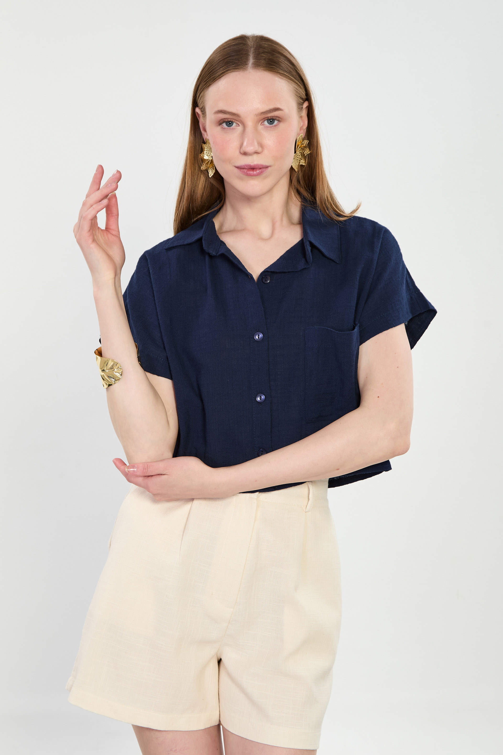 Kadın Tek Cep Kısa Kollu Gömlek - Lacivert