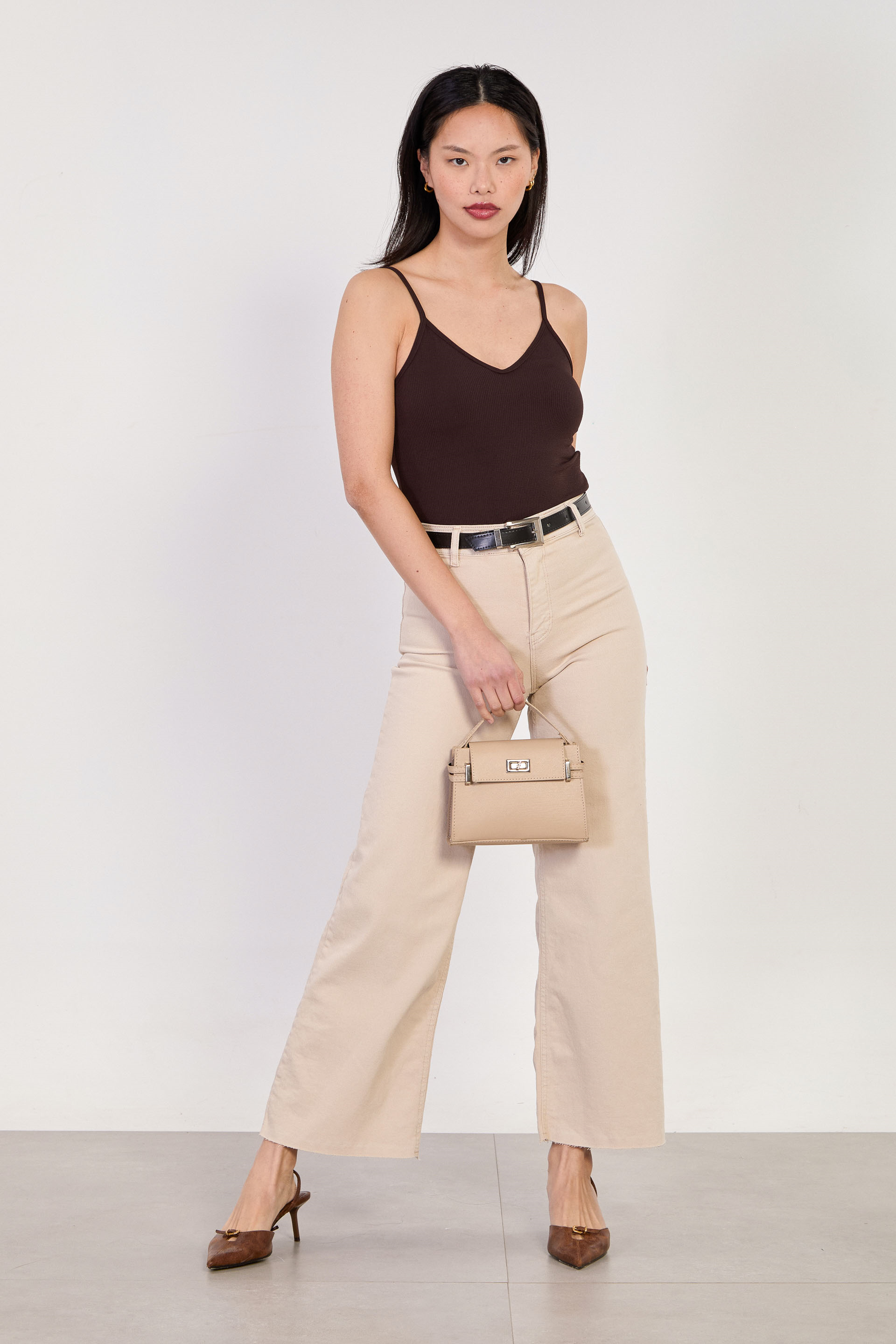 Kadın J63 Kemerli Kesik Paça Palazzo Jean Pantolon - Açık Taş