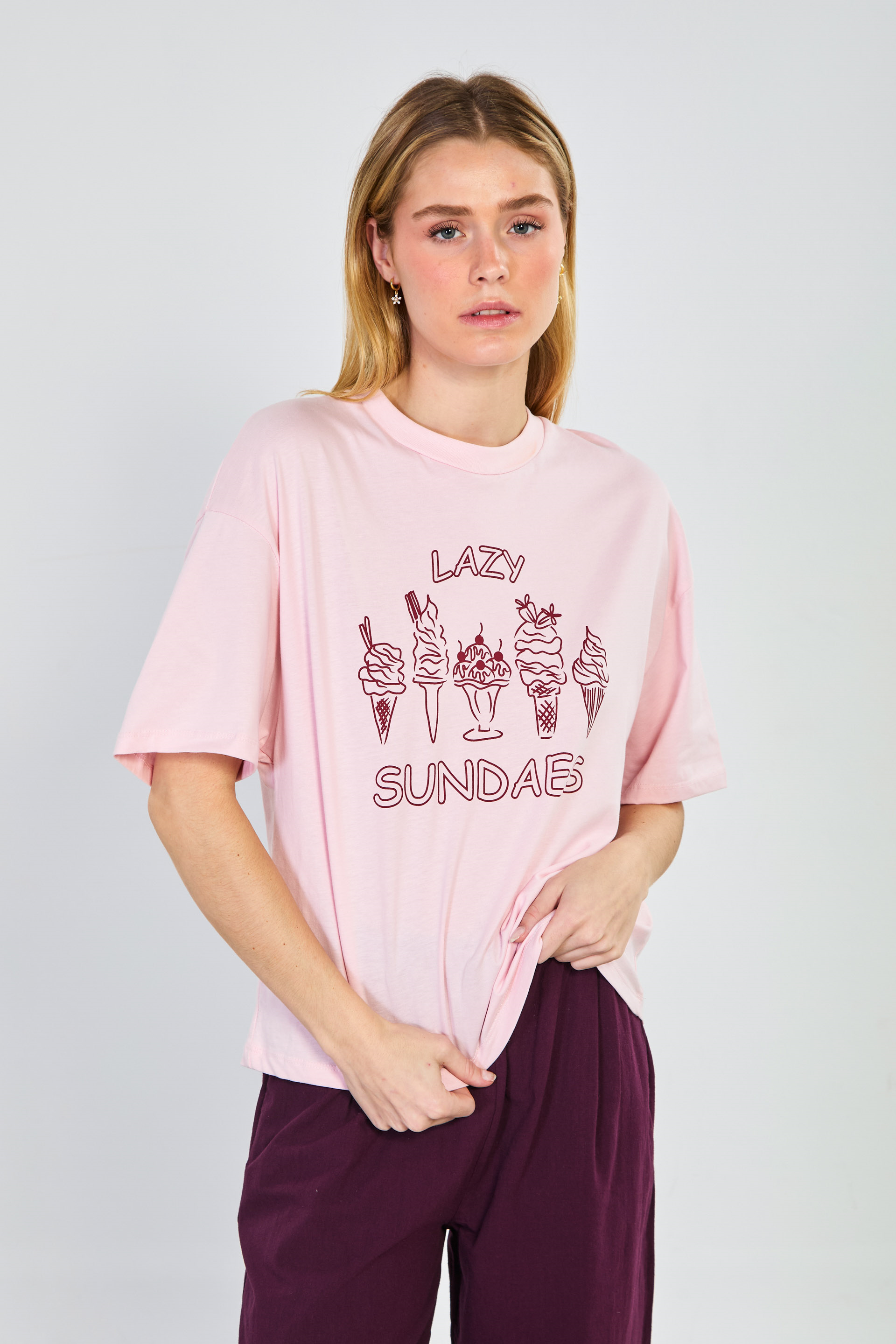 Kadın Dondurma Baskılı Oversize T-Shirt - Pembe/Bordo