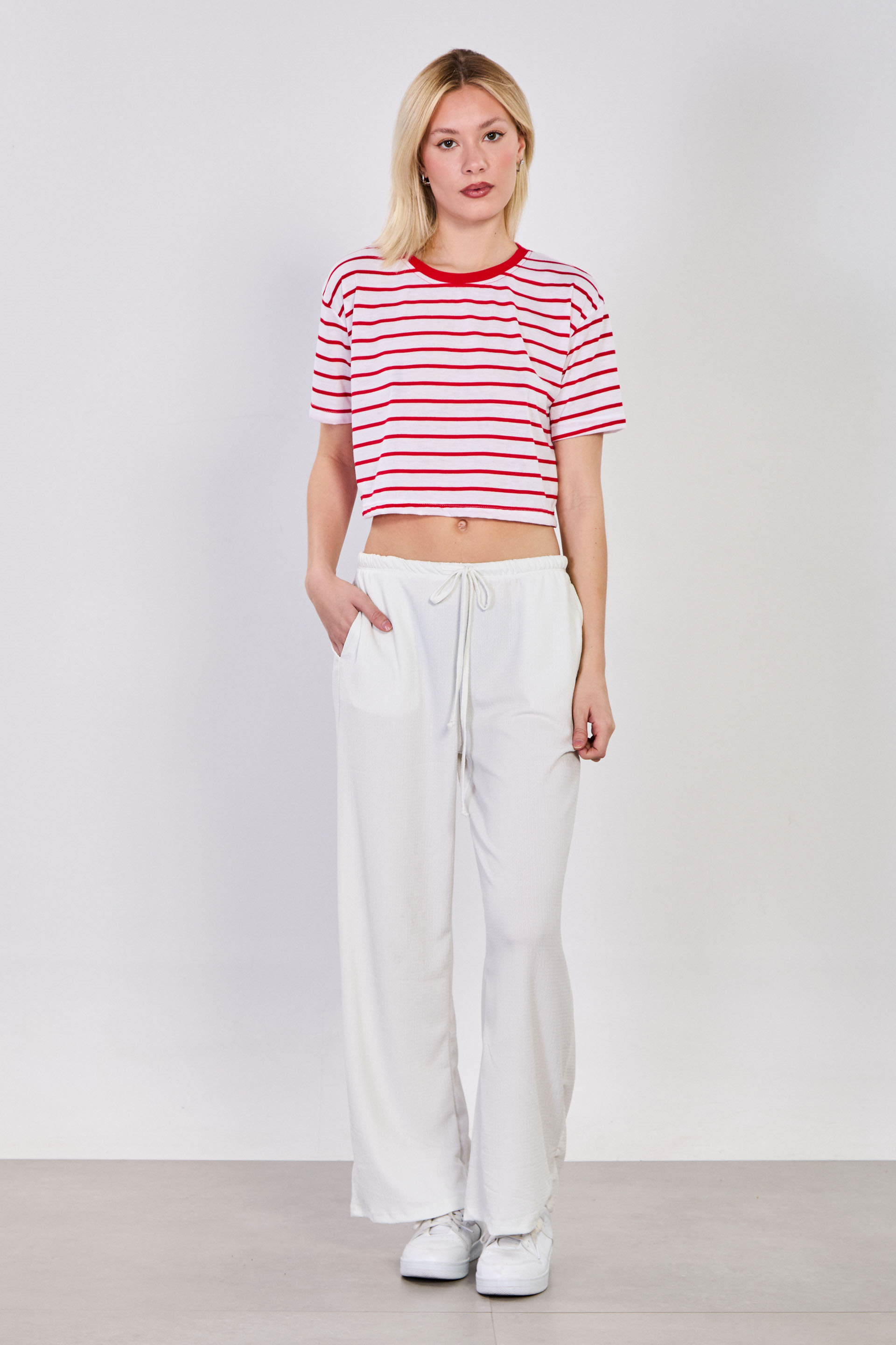 Kadın Beli Lastikli Bol Paça Pantolon - Ekru