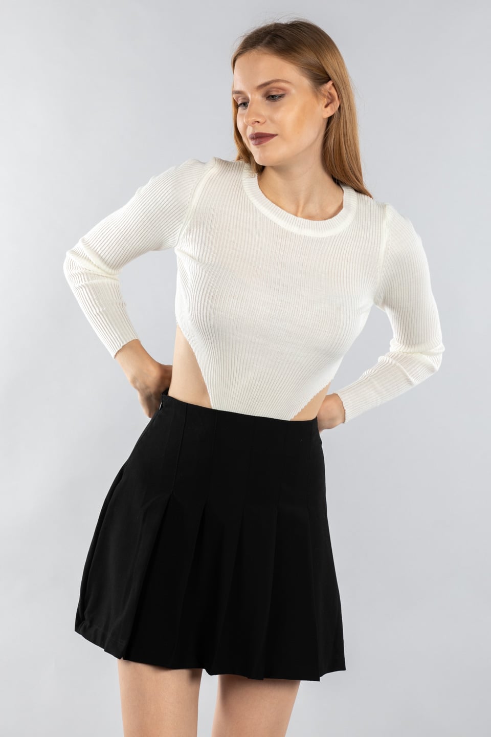 Alttan çıtçıtlı bel detay body-14211 Ekru