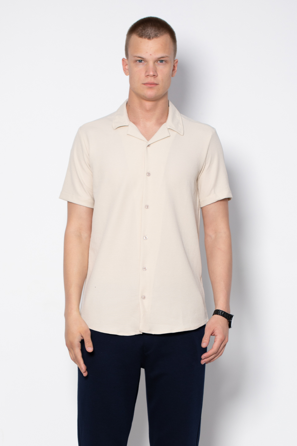 Apaş yaka örme gömlek-9001 Taş