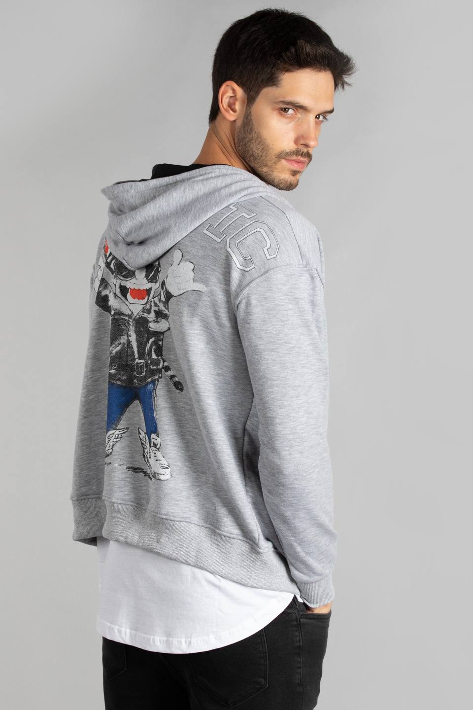 Arka karakter baskılı fermuarlı sweatshirt-7006 Gri Melanj