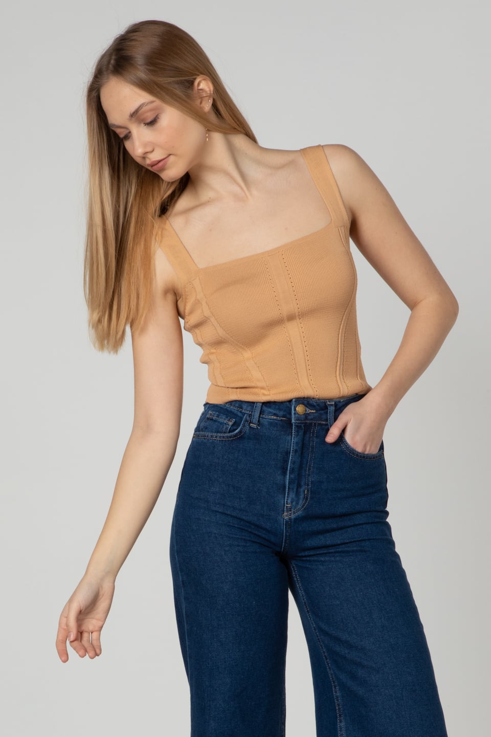 Askılı triko crop-3063 Apricot