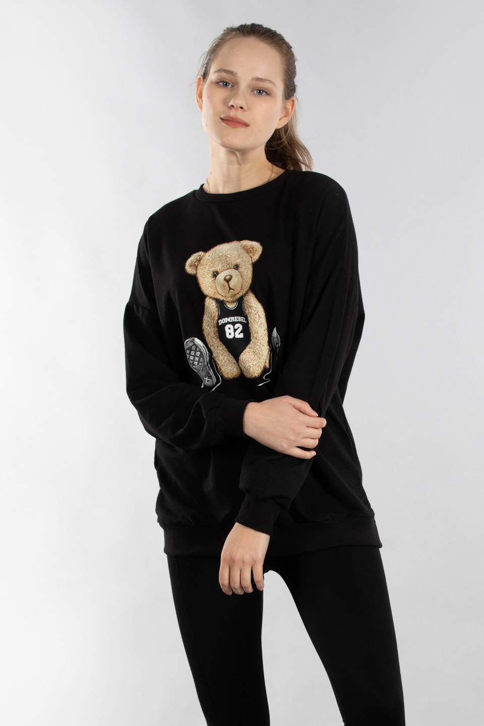 Ayı baskılı bisiklet yaka sweatshirt-9722 Siyah