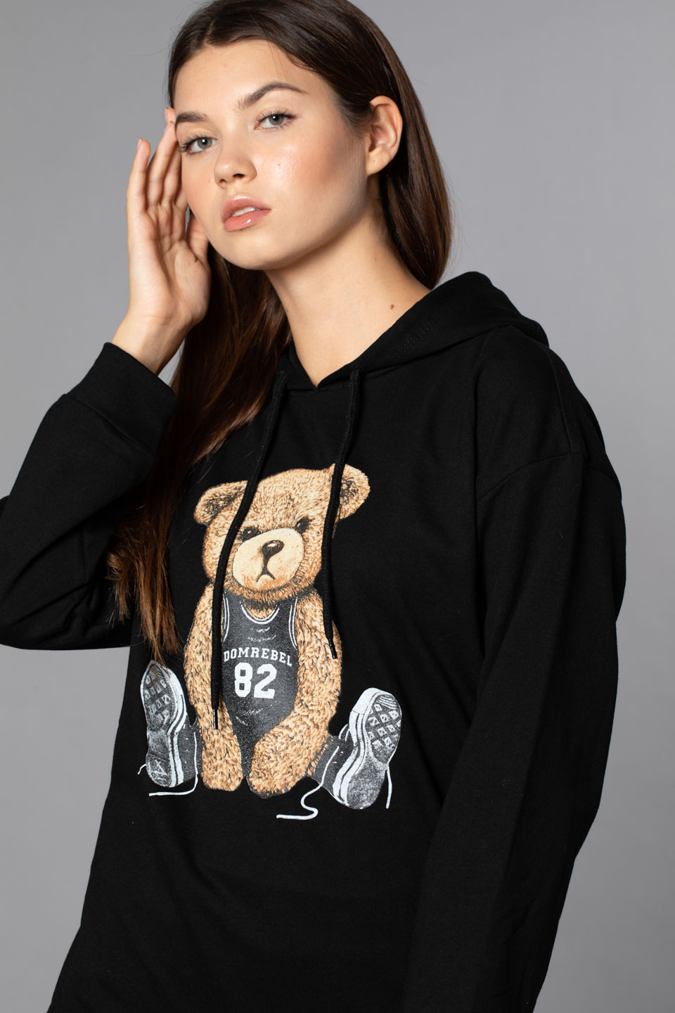 Ayı Baskılı Kapüşonlu Sweatshirt-Siyah