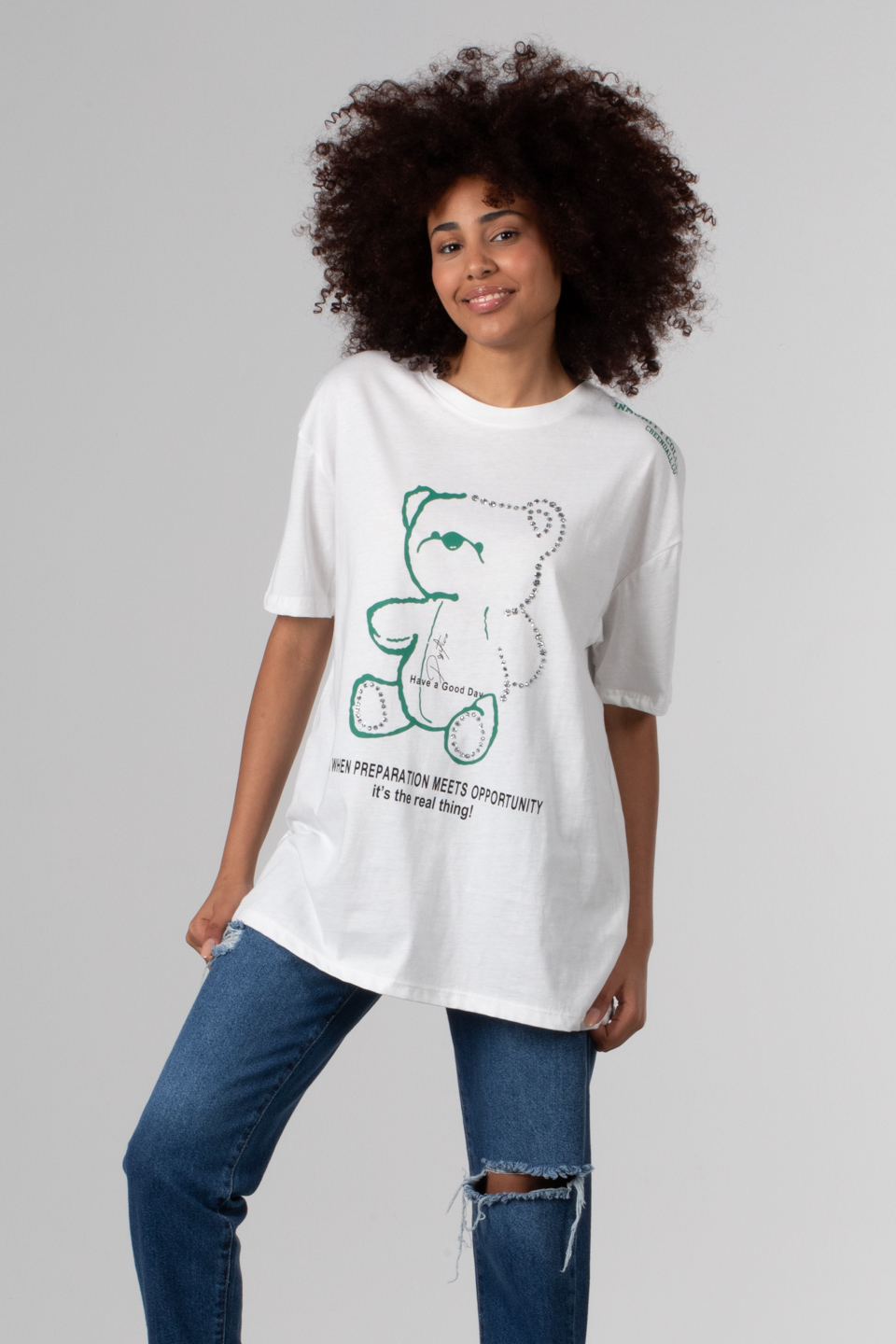 Ayı baskılı t-shirt-DVN0349 Beyaz