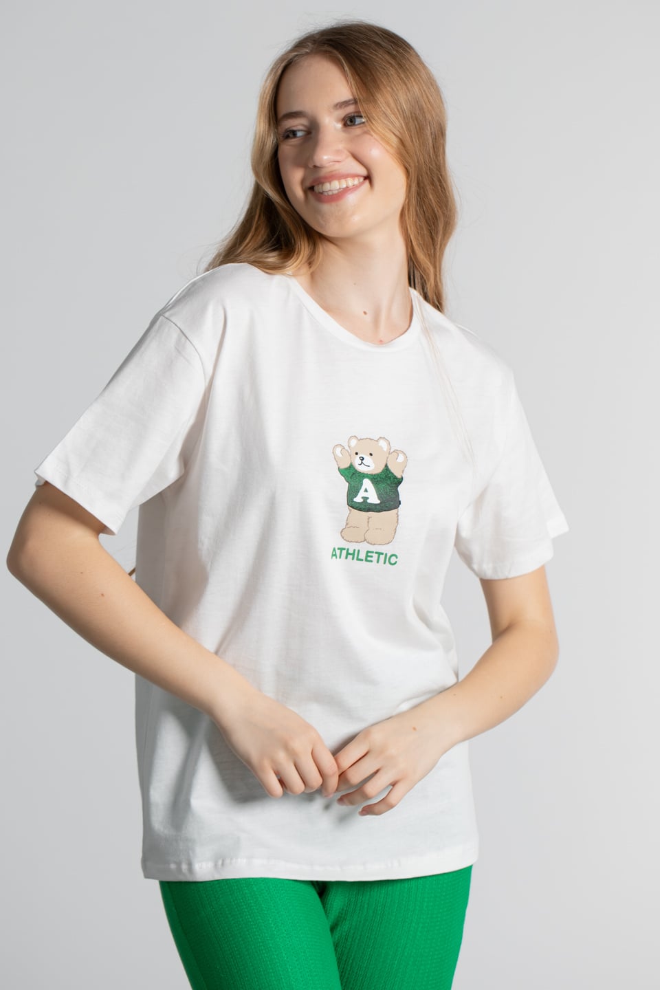 Ayıcık baskılı t-shirt-119 Ekru