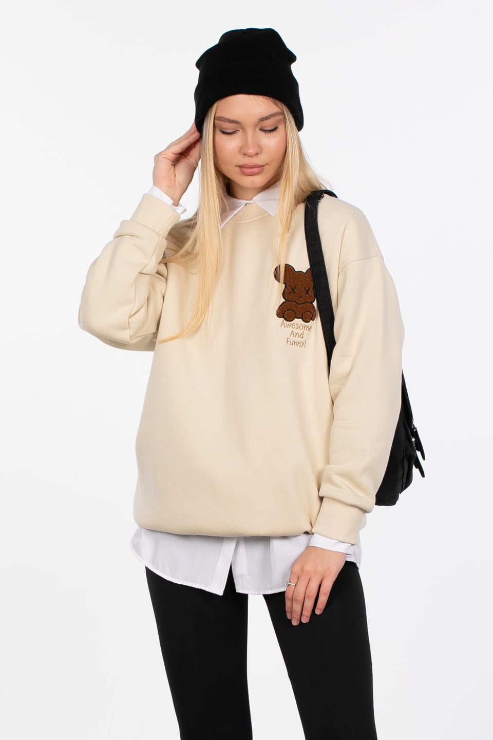 Ayıcık detaylı sweatshirt-4153 Bej