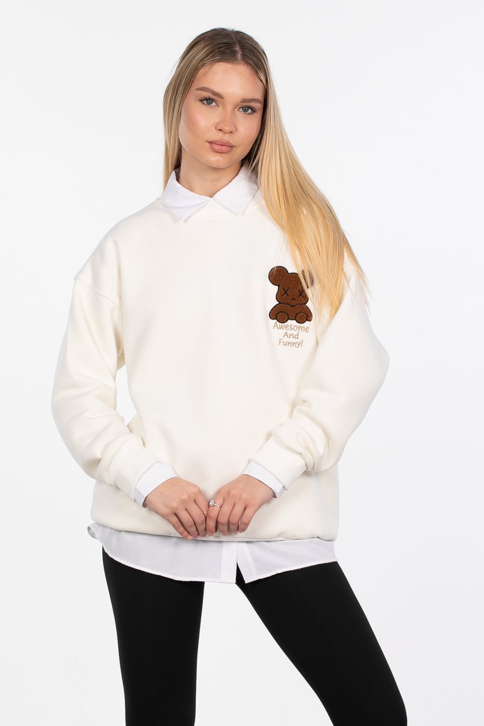 Ayıcık detaylı sweatshirt-4153 Ekru