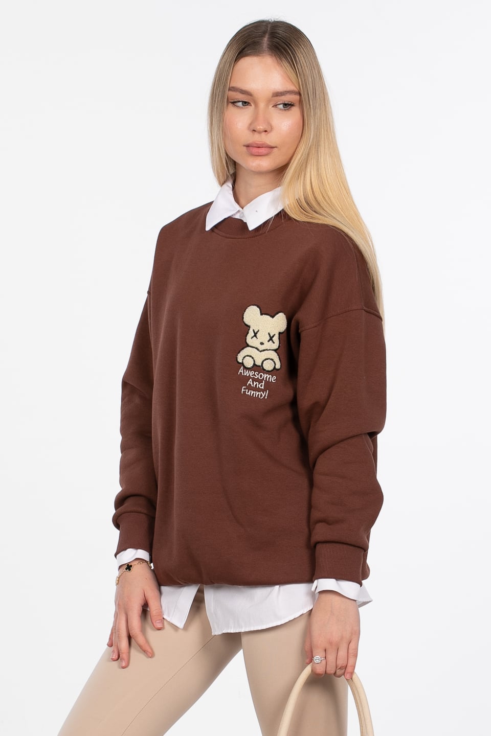 Ayıcık detaylı sweatshirt-4153 Kahve