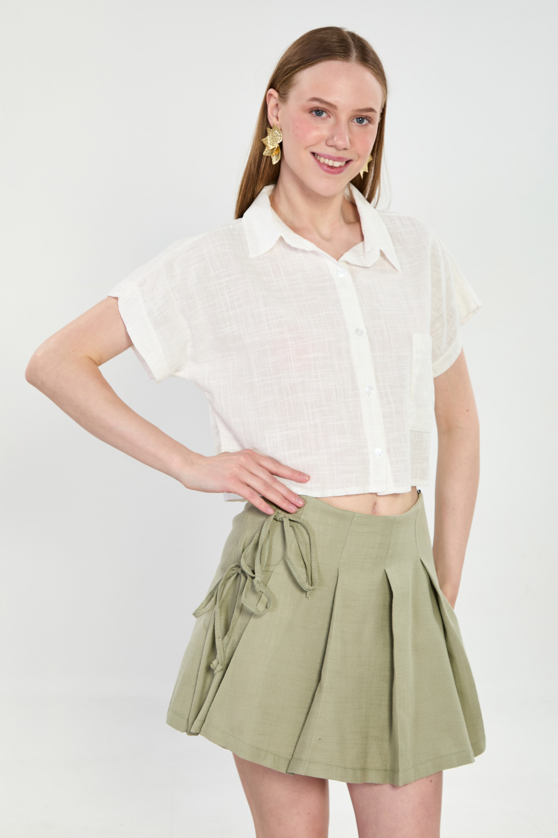 Kadın Tek Cep Kısa Kollu Gömlek - Beyaz