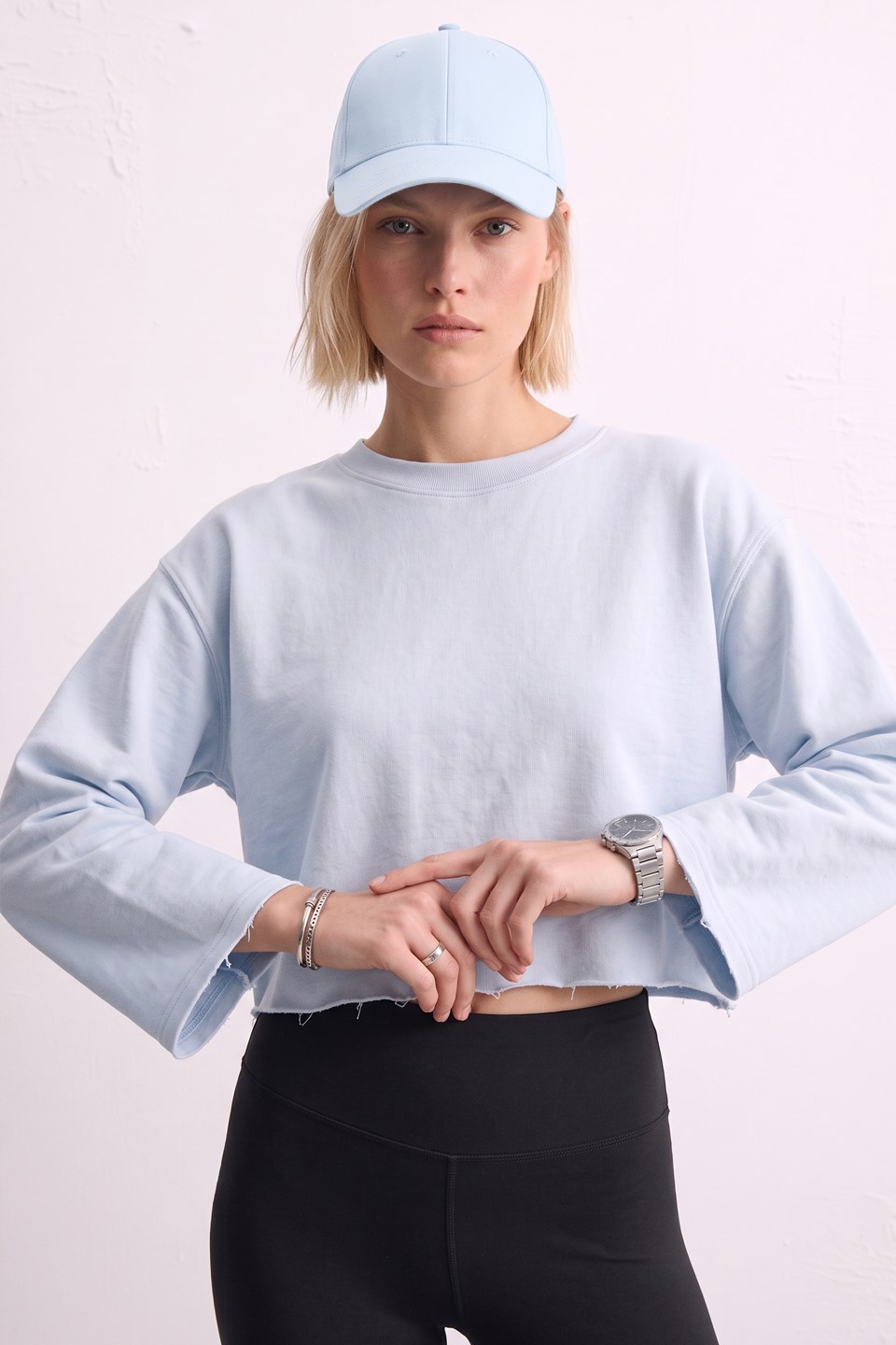 Kadın Bisiklet Yaka Oversize Kısa Swaetshirt - Bebe Mavi