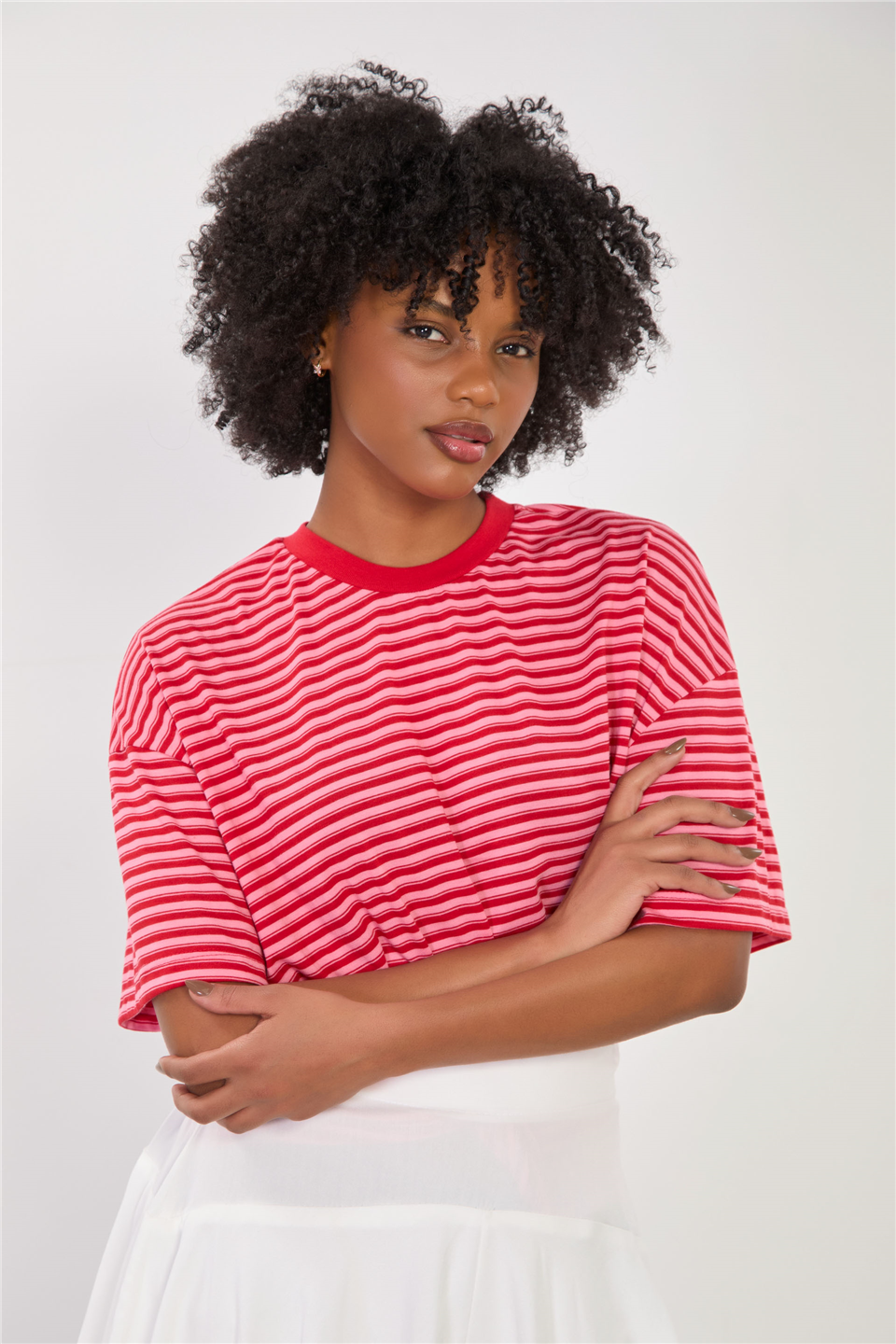 Kadın Çizgili Oversize T-Shirt - Kırmızı/Pembe