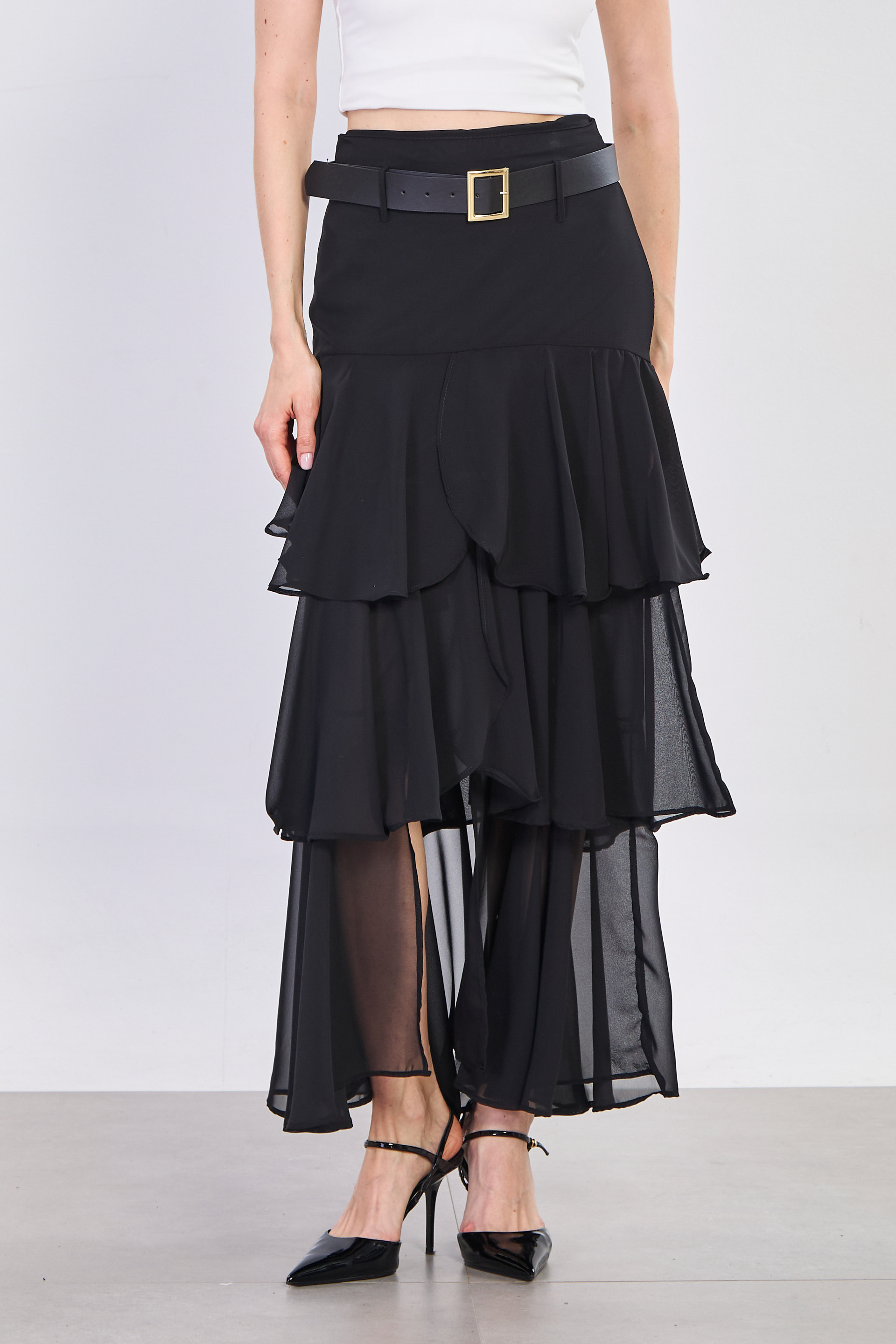 Kadın Kemerli Fırfırlı Uzun Şifon Etek - Siyah