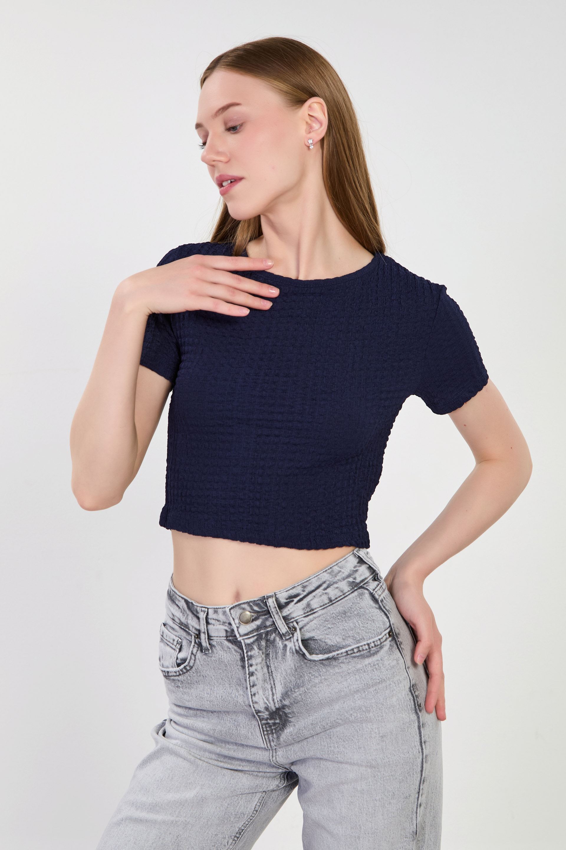 Kadın Kısa Kollu Bubble T-Shirt - Lacivert