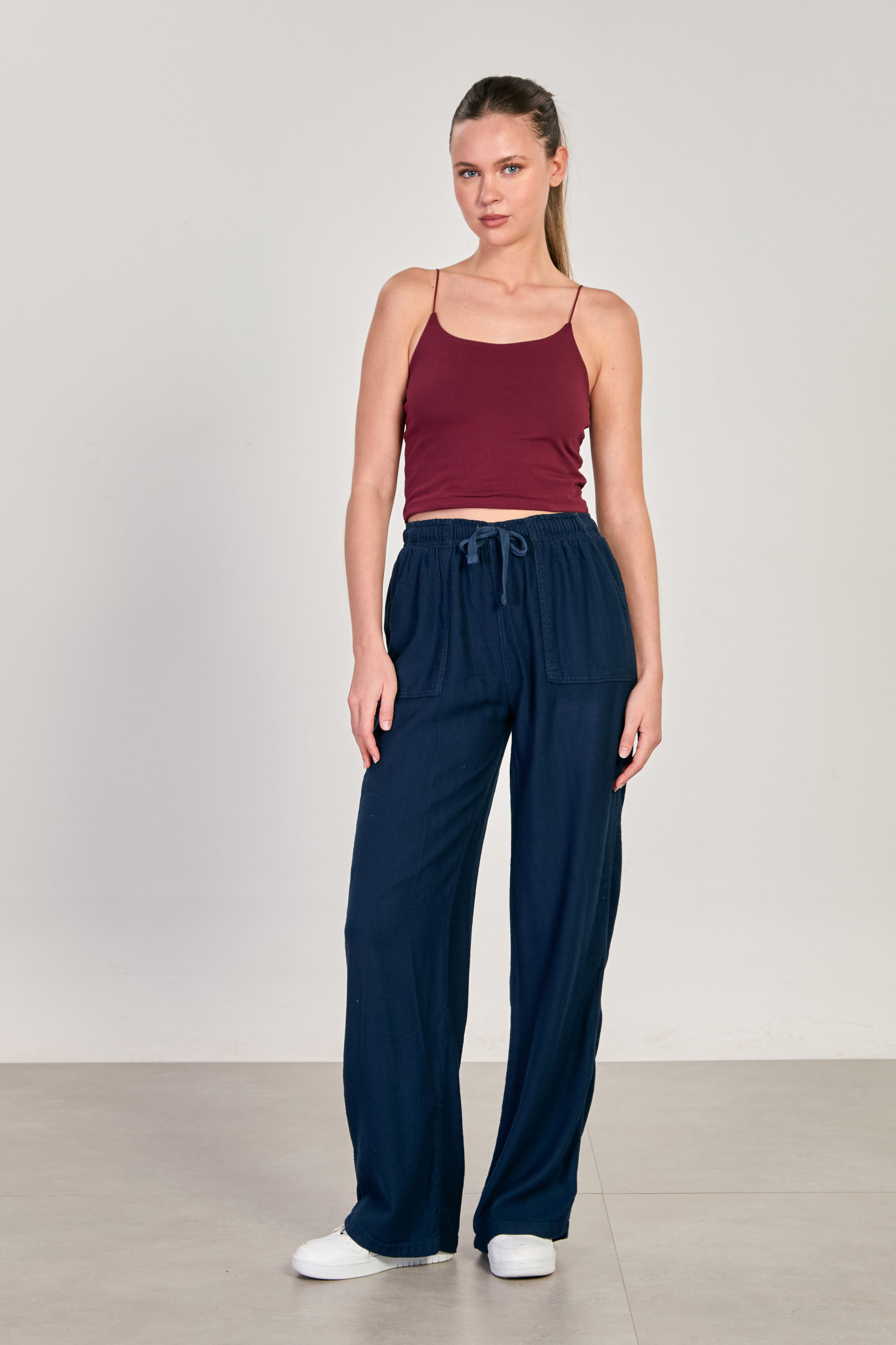 Kadın Beli Lastikli Kare Cep Bol Pantolon - Koyu Lacivert