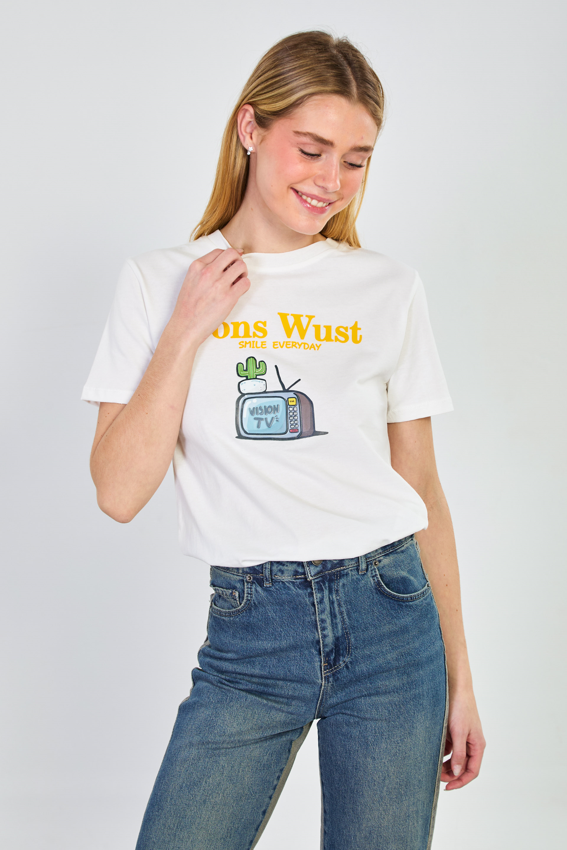 Kadın Yaka Kontrastlı Vision Tv Baskılı T-Shirt - Ekru