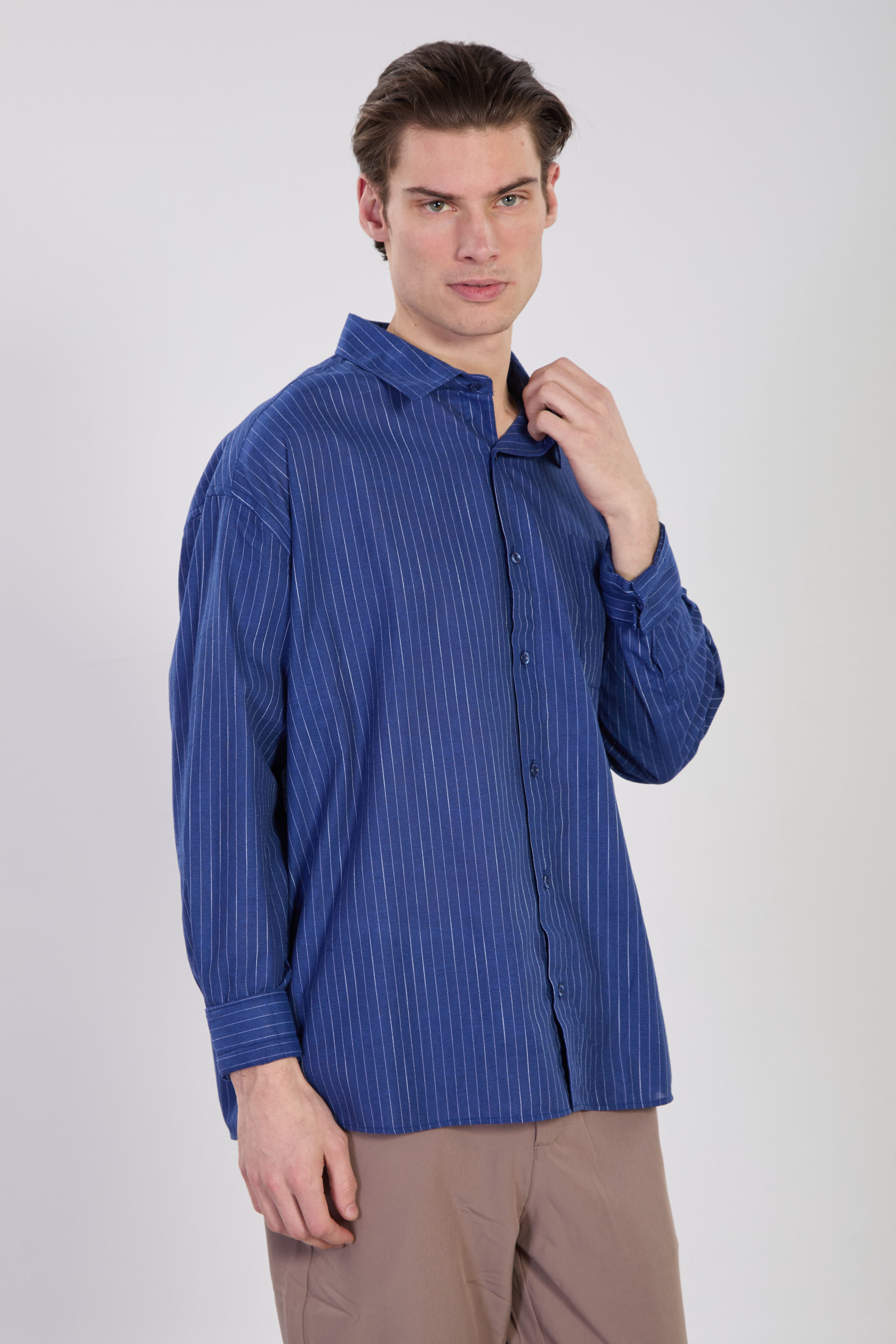 Erkek Çizgili Oversize Gömlek - Mavi