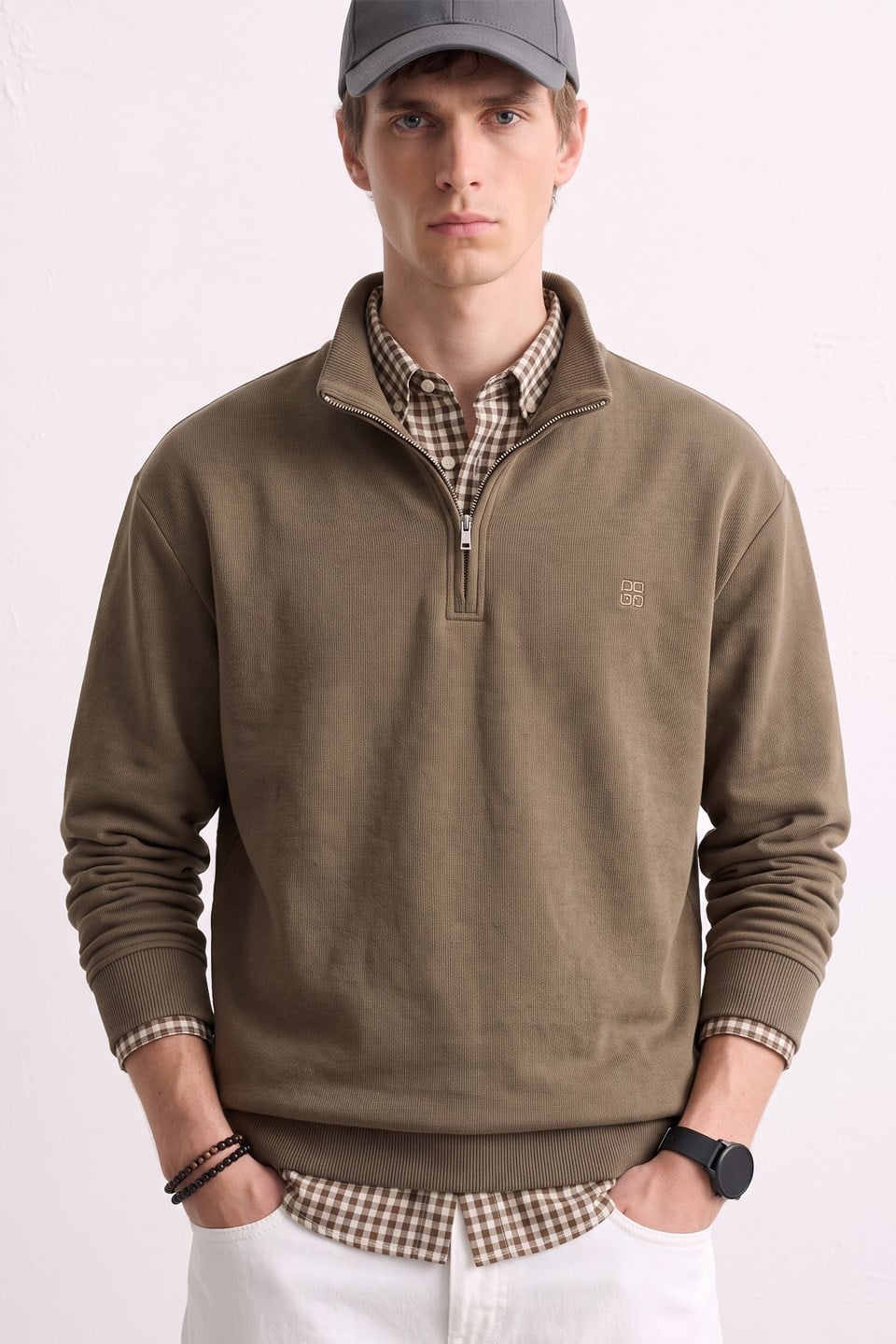 Erkek Yarım Fermuarlı Dik Yaka Selanik Sweatshirt - Kahve