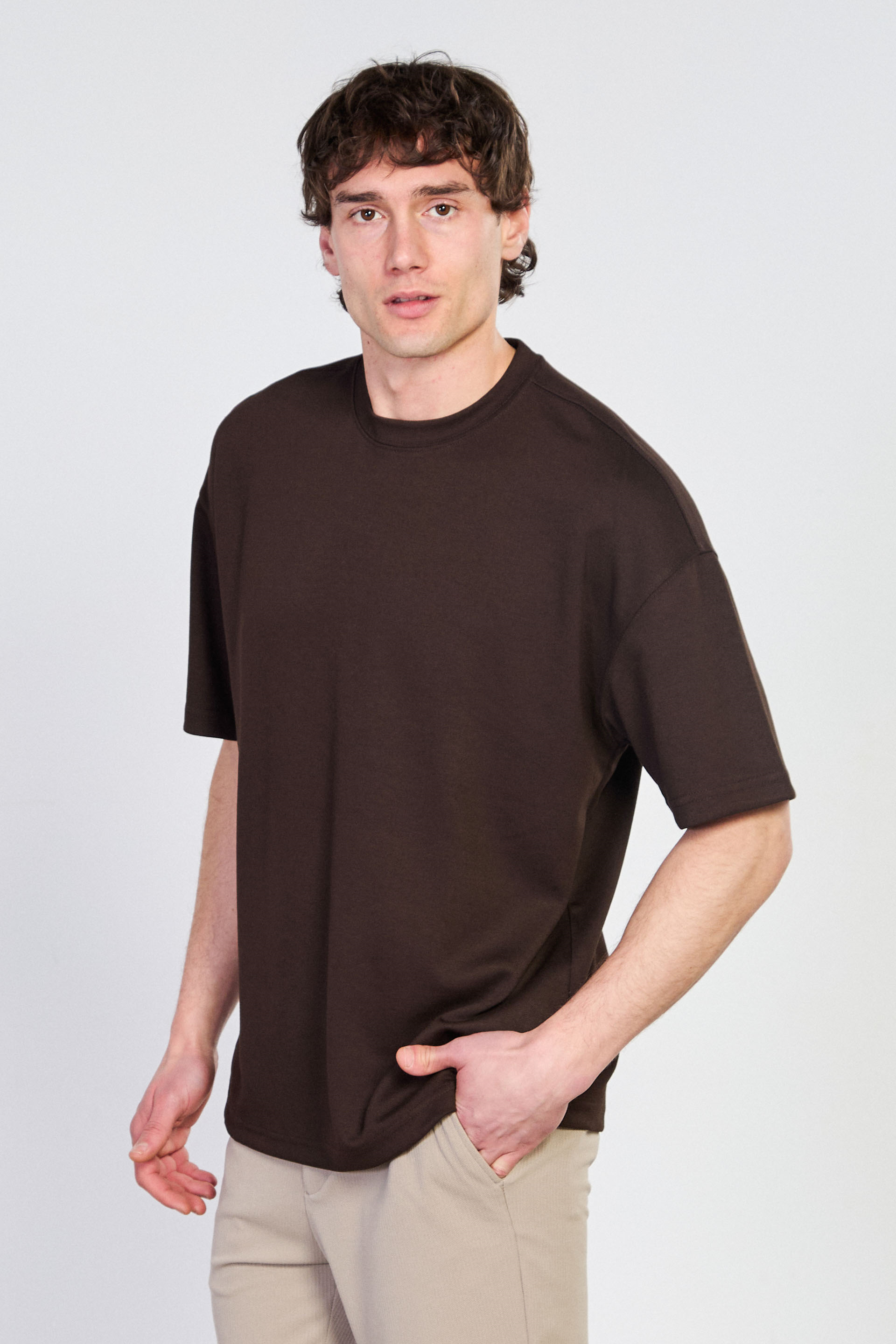 Erkek Bisiklet Yaka Regular Fit T-Shirt - Acı Kahve