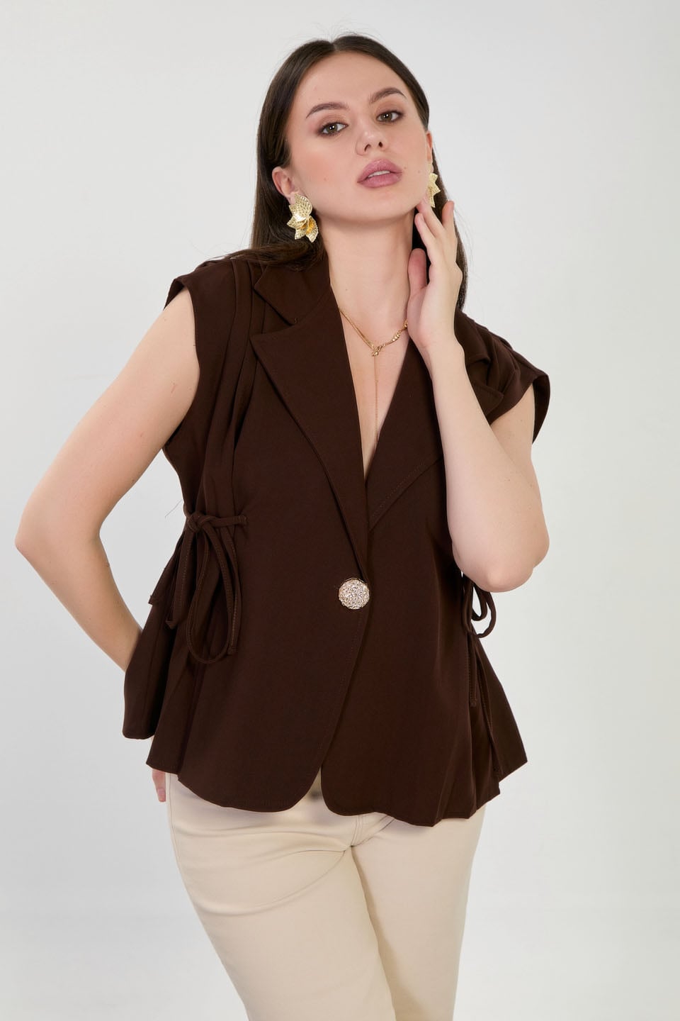 Kadın Yanları Bağlamalı Tek Düğmeli Yelek - Acı Kahve