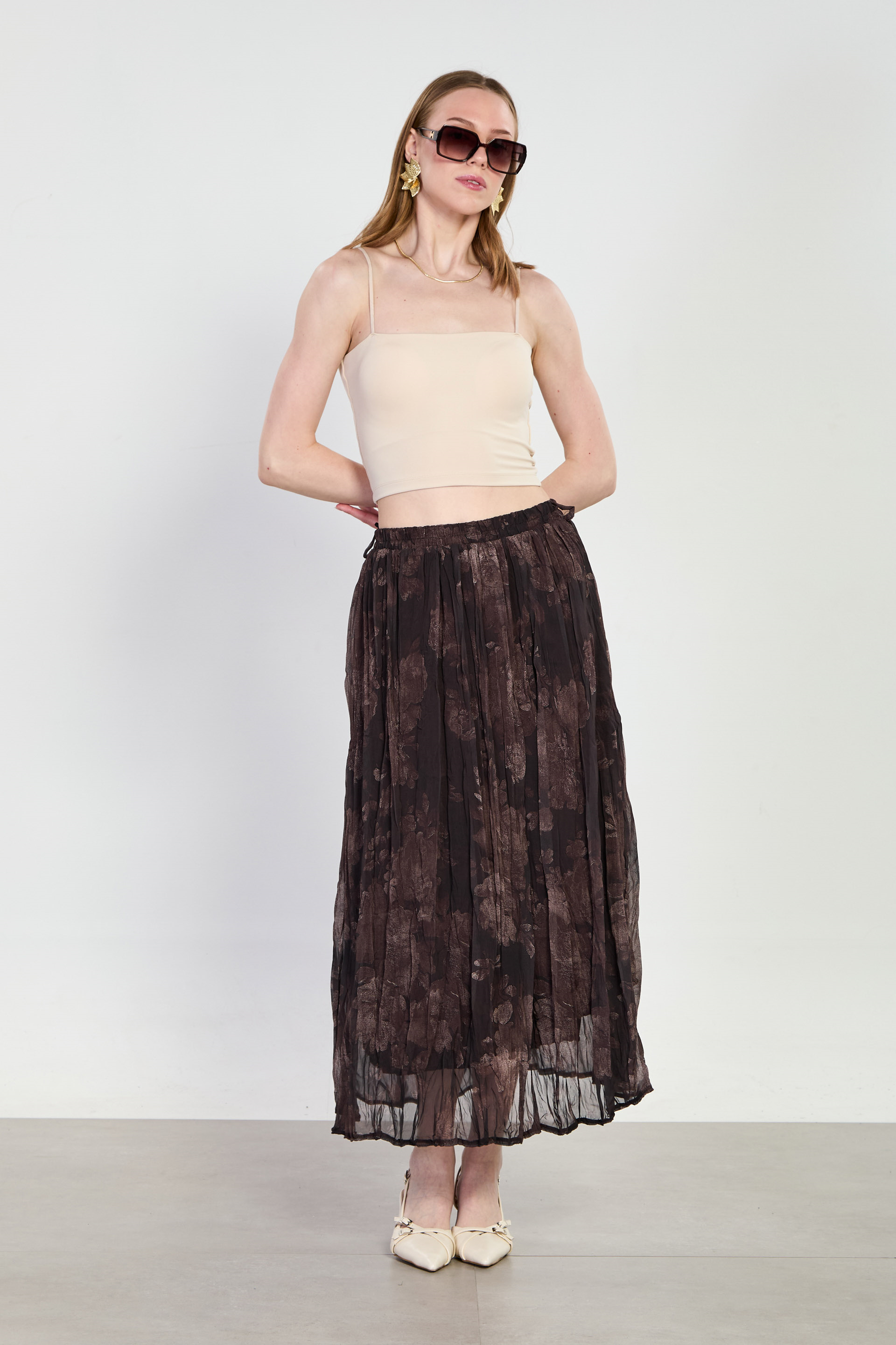 Kadın Beli Lastikli Çiçek Desen Kraşlı Etek - Acı Kahve