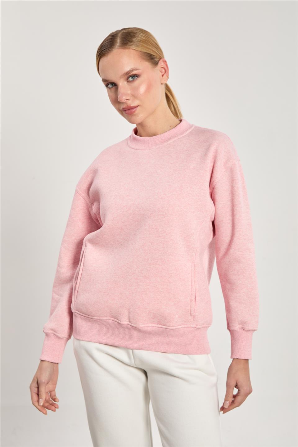 Kadın Yandan Cepli Kolu Armalı Sweatshirt - Pembe
