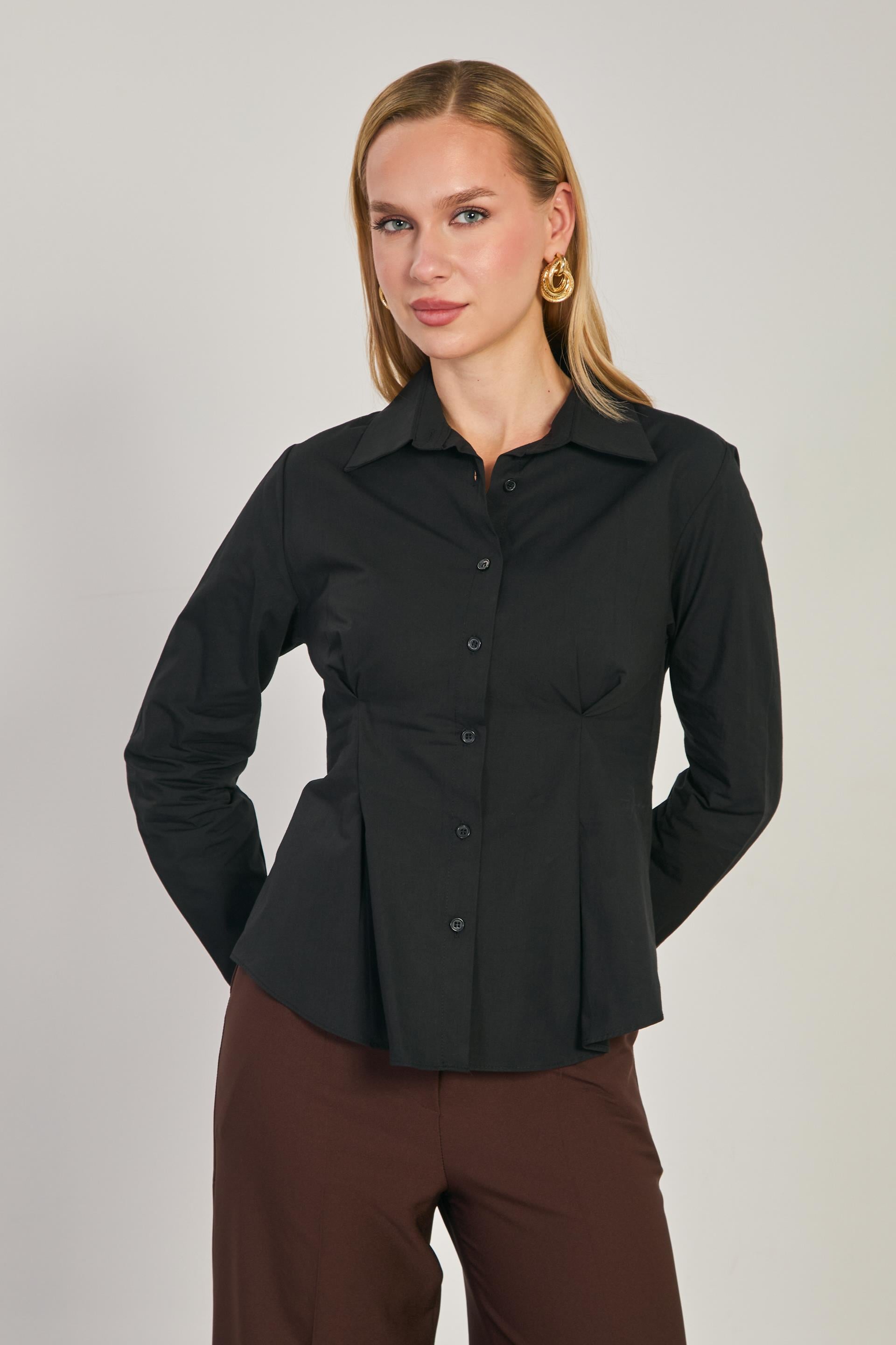 Kadın Beli Pensli Uzun Kol Gömlek - Siyah