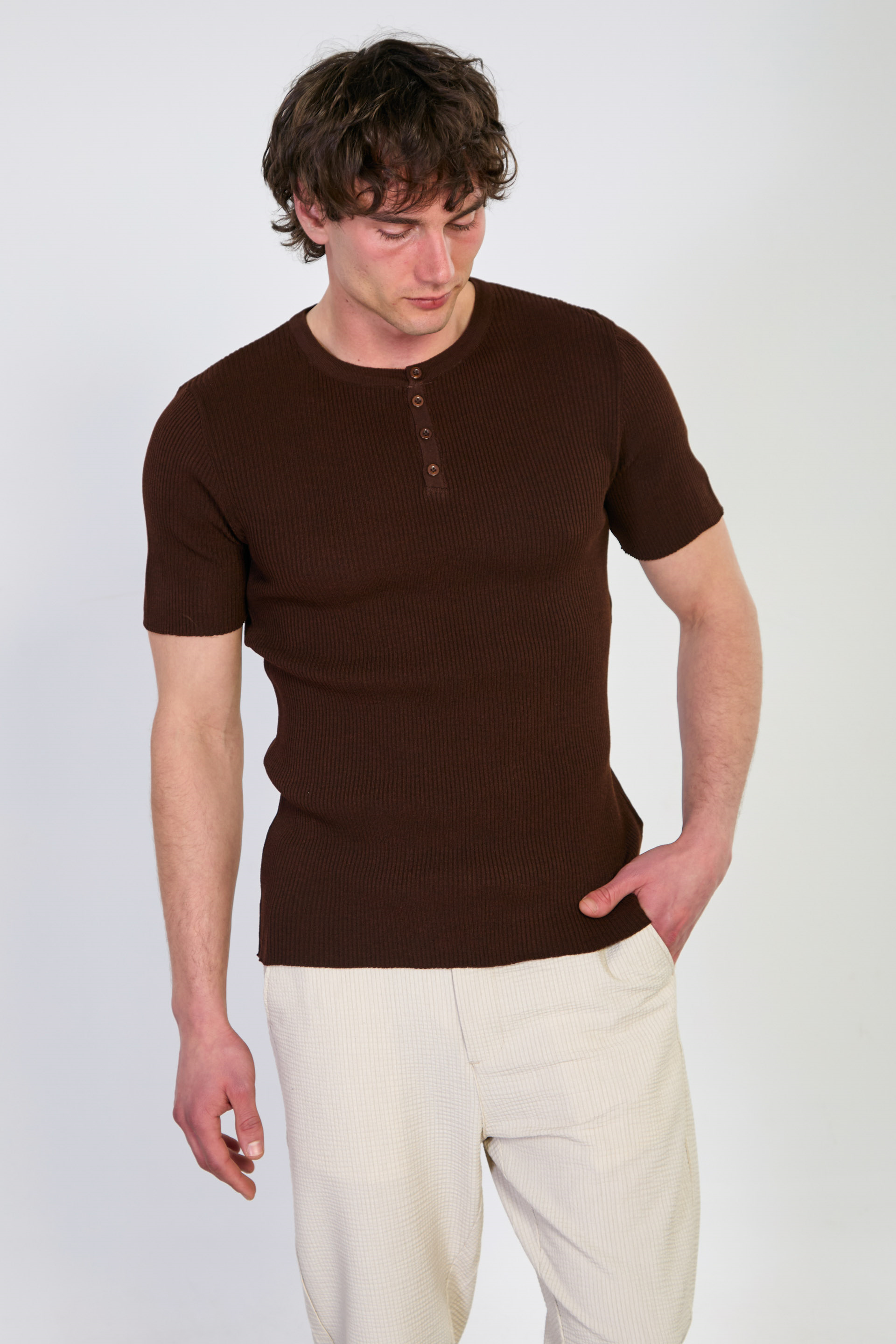 Erkek Düğmeli Kaşkorse Triko T-Shirt - Kahve