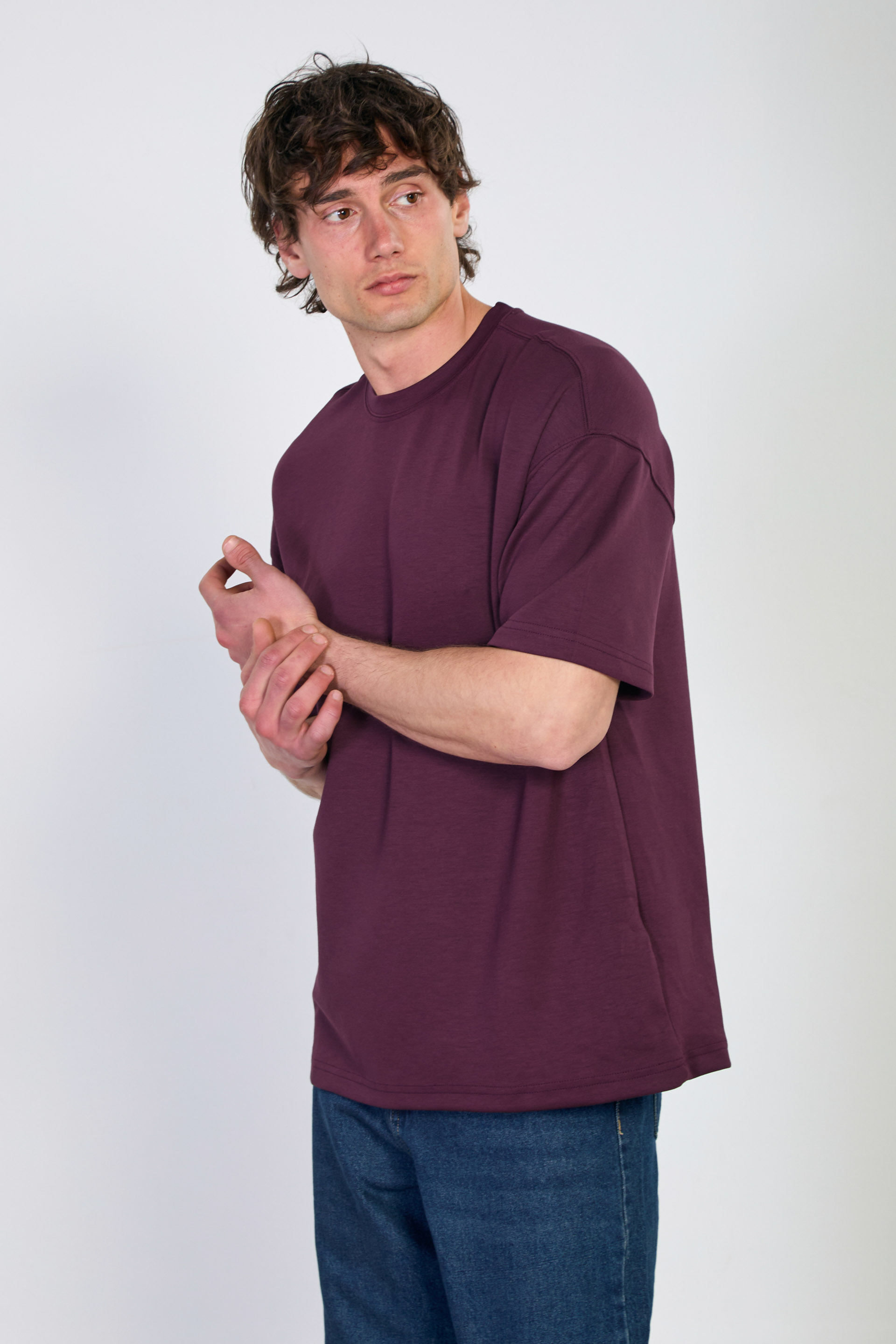 Erkek Oversize Basic T-Shirt - Mürdüm
