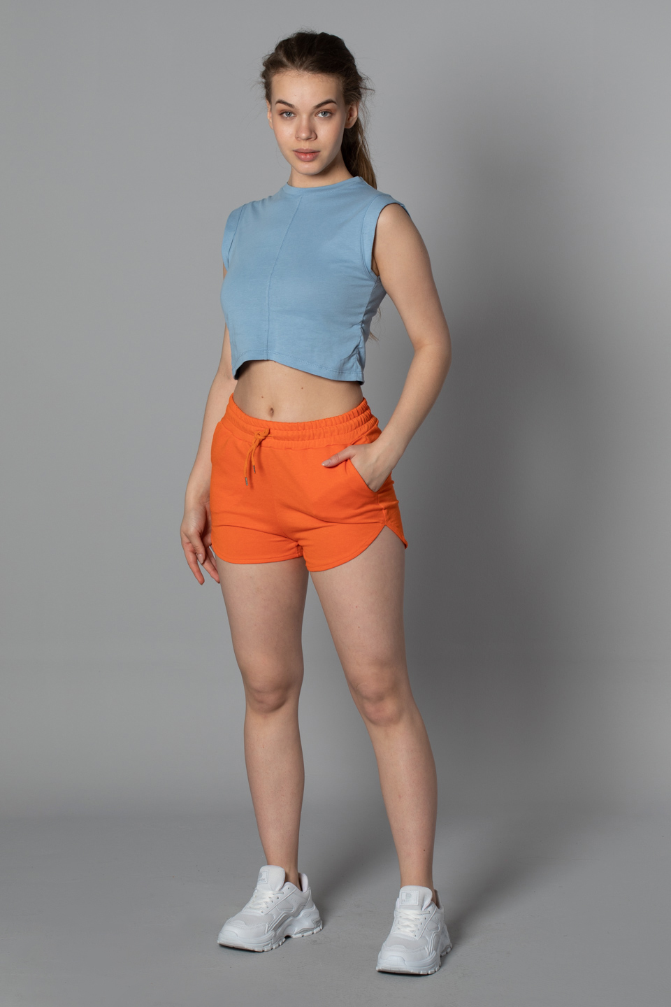 Bağcıklı beli lastikli basıc şort-6217 Oranj