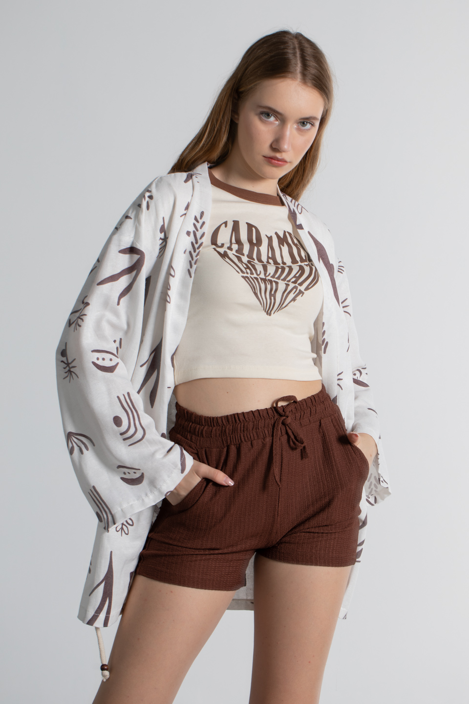 Bağlamalı desenli kimono-159 Kahve