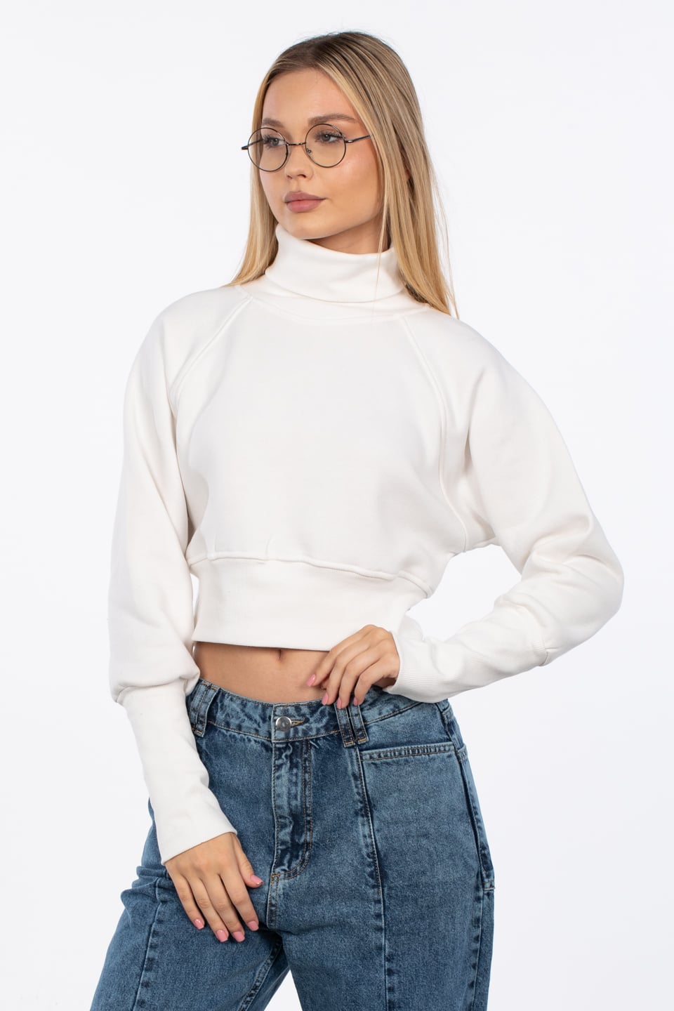 Balıkçı yaka sweatshirt-83-608 Ekru