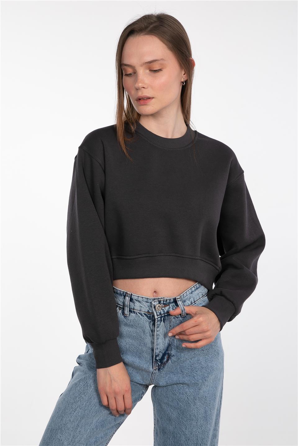 Basıc bisiklet yaka sweatshirt-81194 Antrasit