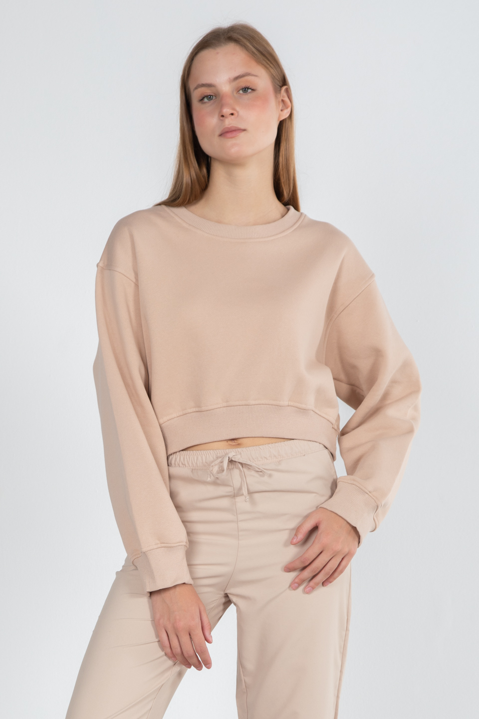 Basıc bisiklet yaka sweatshirt-81194 Bej