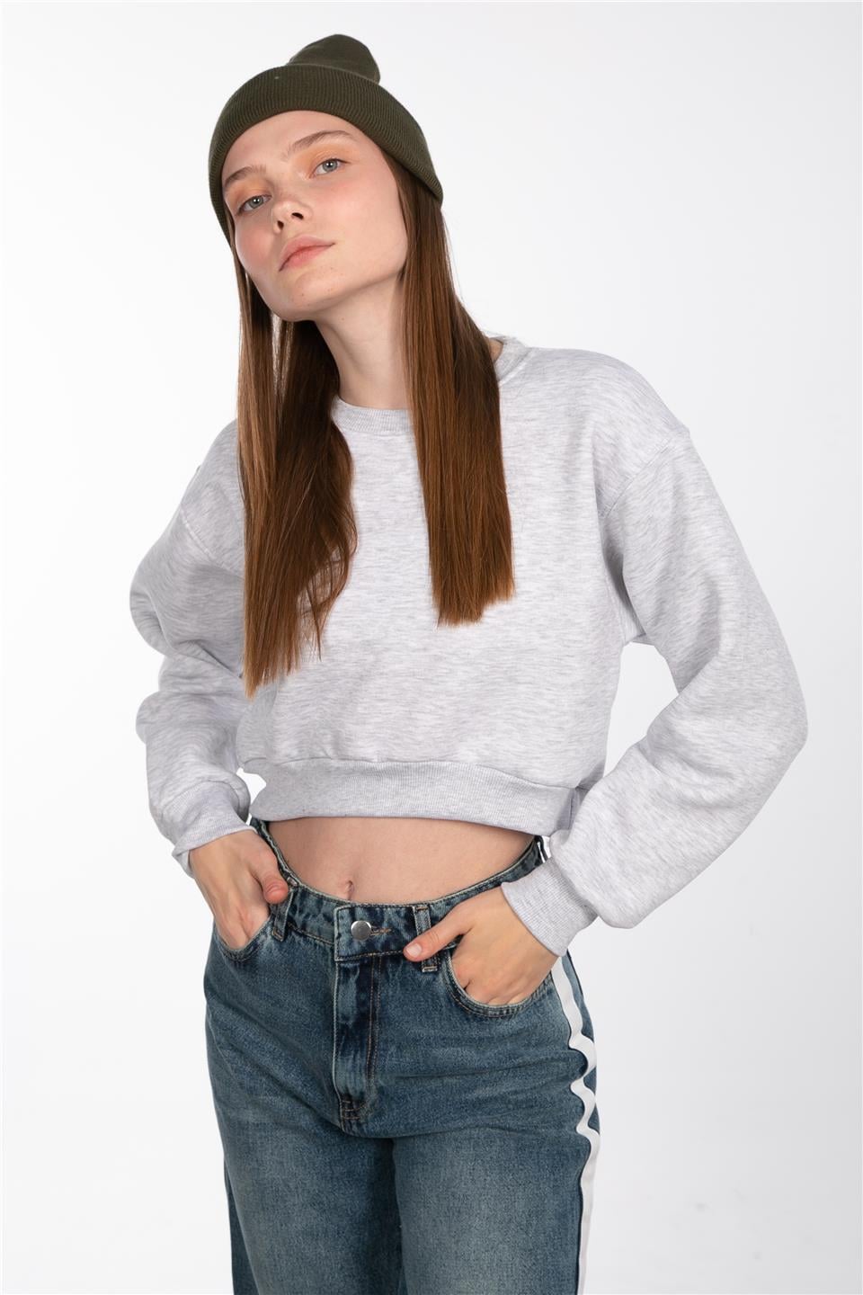 Basıc bisiklet yaka sweatshirt-81194 Kar Melanj