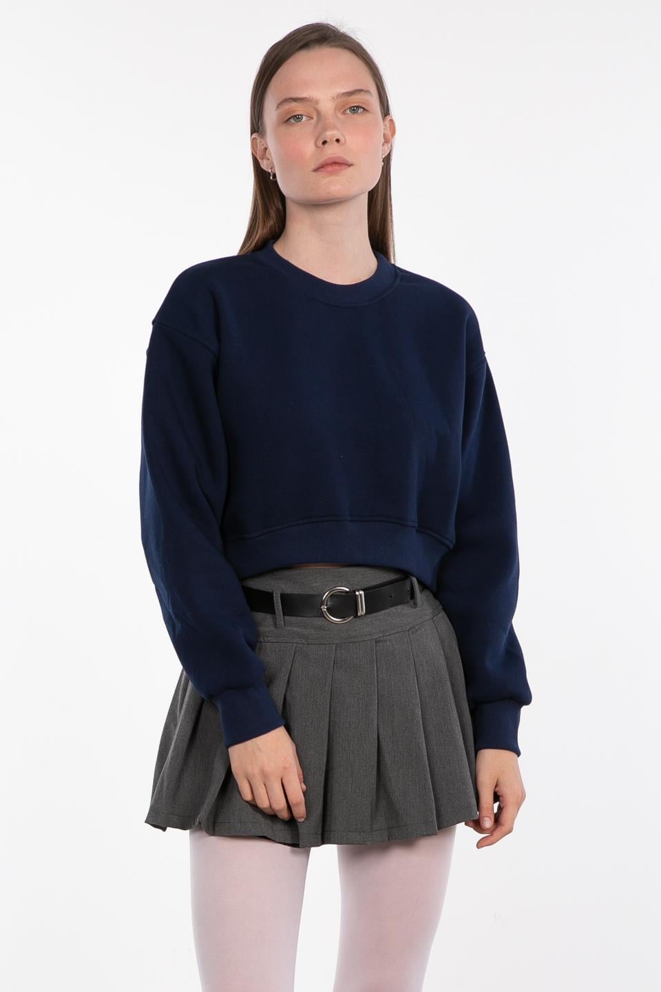 Basıc bisiklet yaka sweatshirt-81194 Lacivert